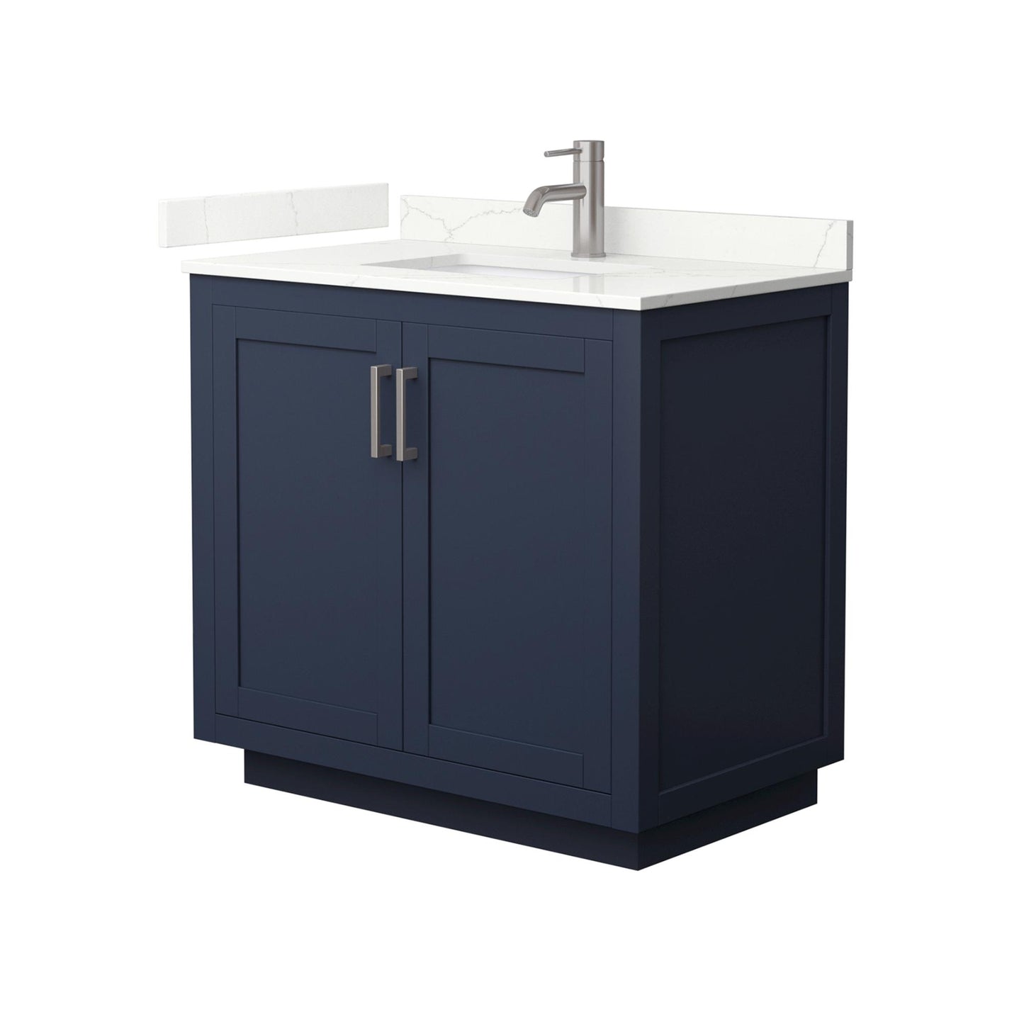 Wyndham Collection Miranda 36" Single Bathroom Vanity in Dark Blue, Giotto Quartz Countertop, Undermount Square Sink (1-Hole), Brushed Nickel Trim
