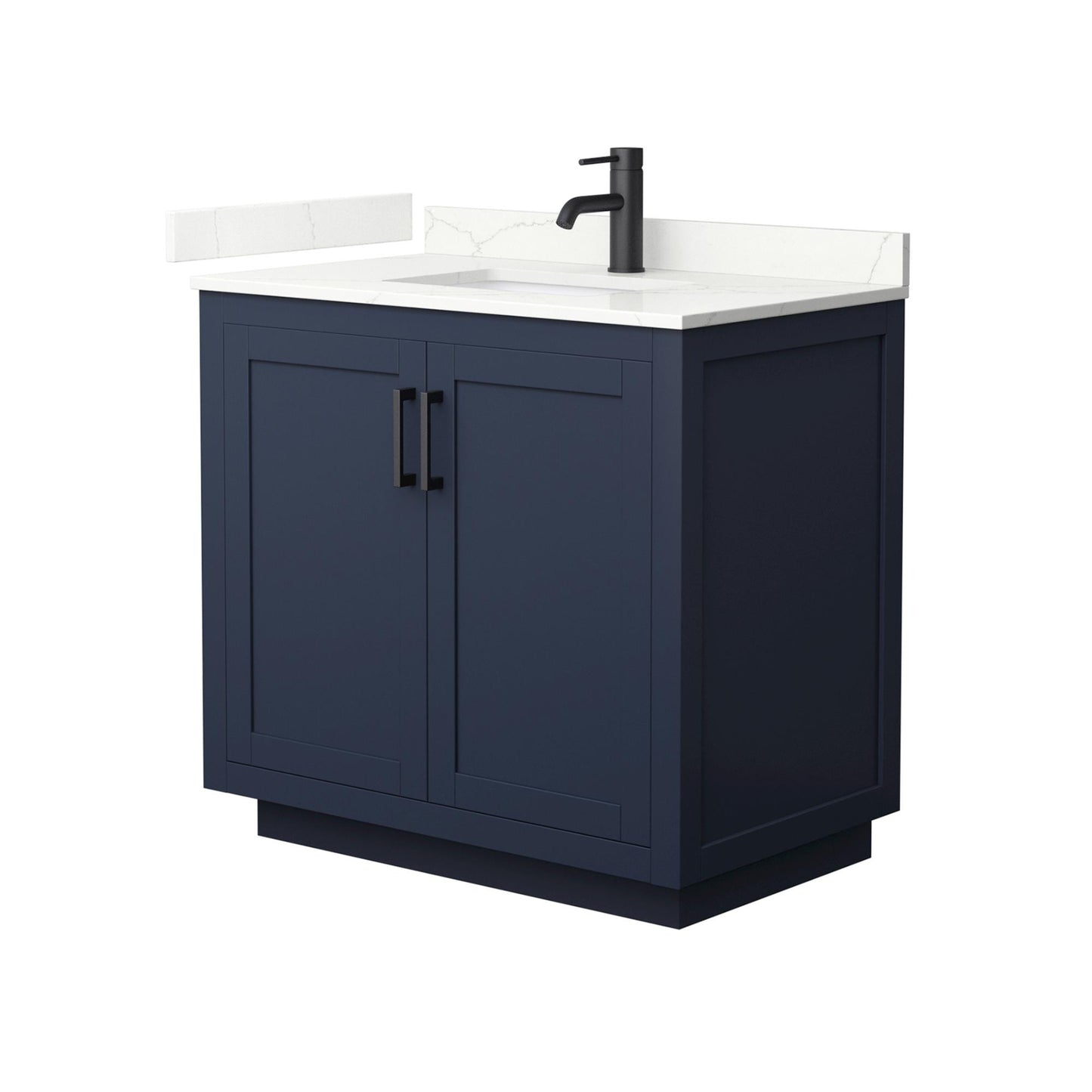 Wyndham Collection Miranda 36" Single Bathroom Vanity in Dark Blue, Giotto Quartz Countertop, Undermount Square Sink (1-Hole), Matte Black Trim