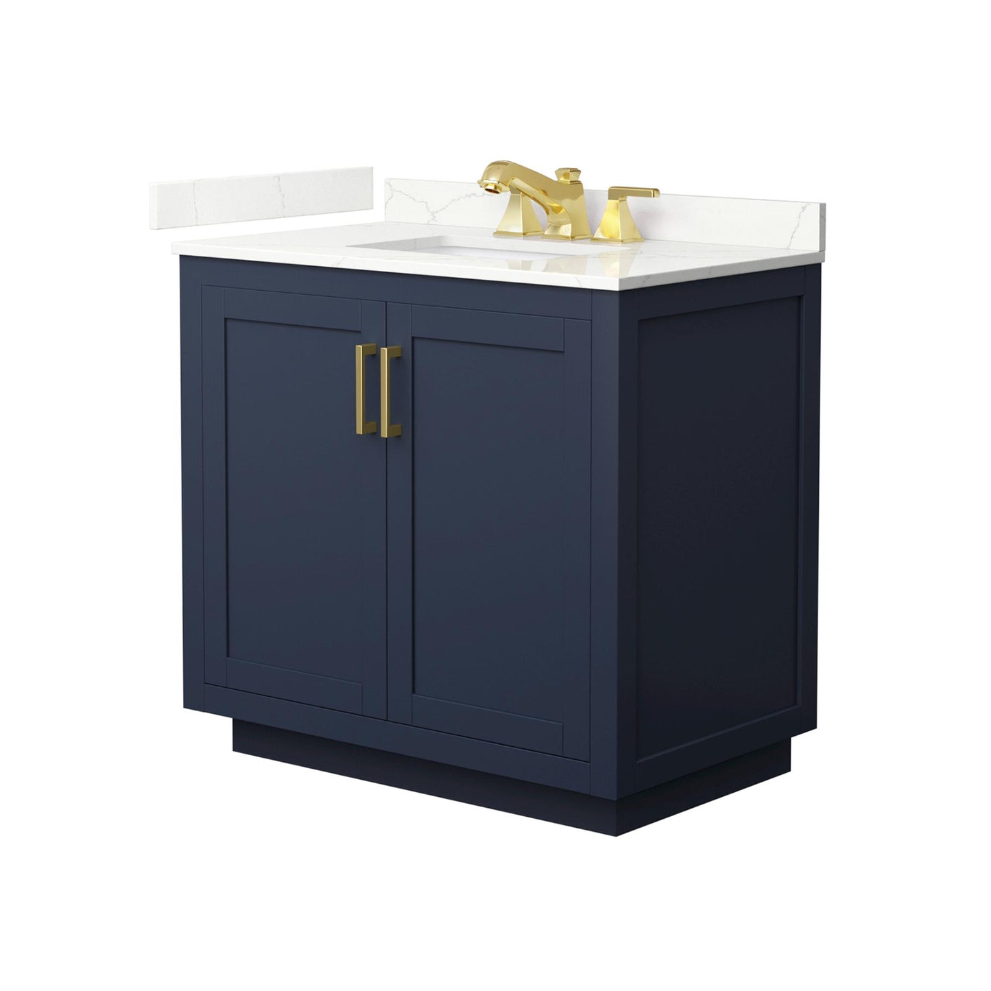 Wyndham Collection Miranda 36" Single Bathroom Vanity in Dark Blue, Giotto Quartz Countertop, Undermount Square Sink (3-Hole), Brushed Gold Trim