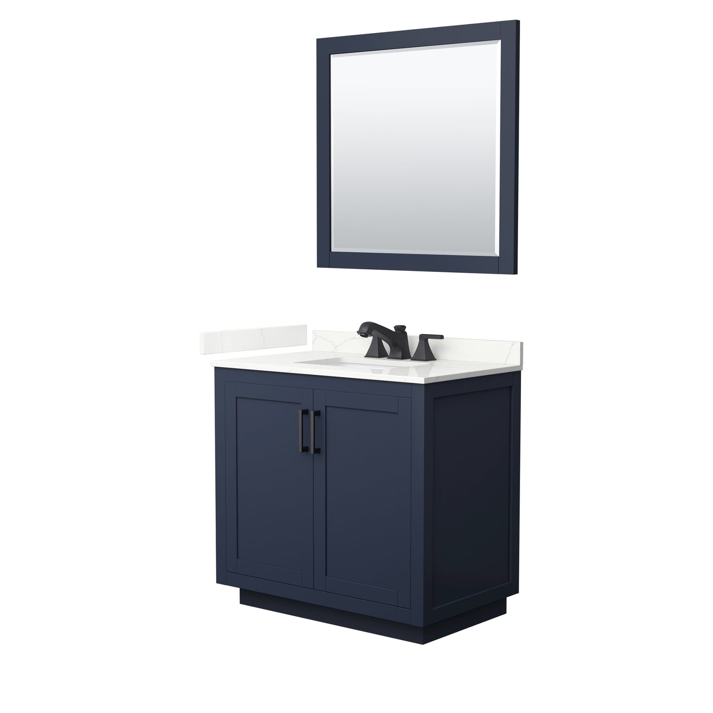 Wyndham Collection Miranda 36" Single Bathroom Vanity in Dark Blue, Giotto Quartz Countertop, Undermount Square Sink (3-Hole), Matte Black Trim, 34" Mirror
