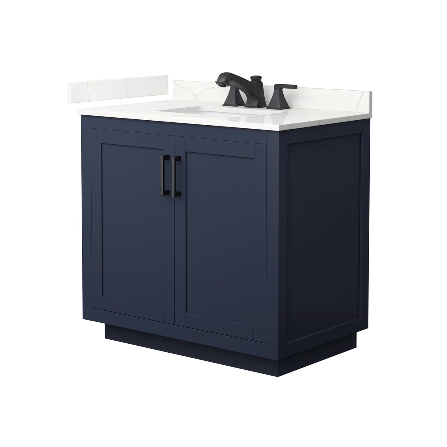 Wyndham Collection Miranda 36" Single Bathroom Vanity in Dark Blue, Giotto Quartz Countertop, Undermount Square Sink (3-Hole), Matte Black Trim