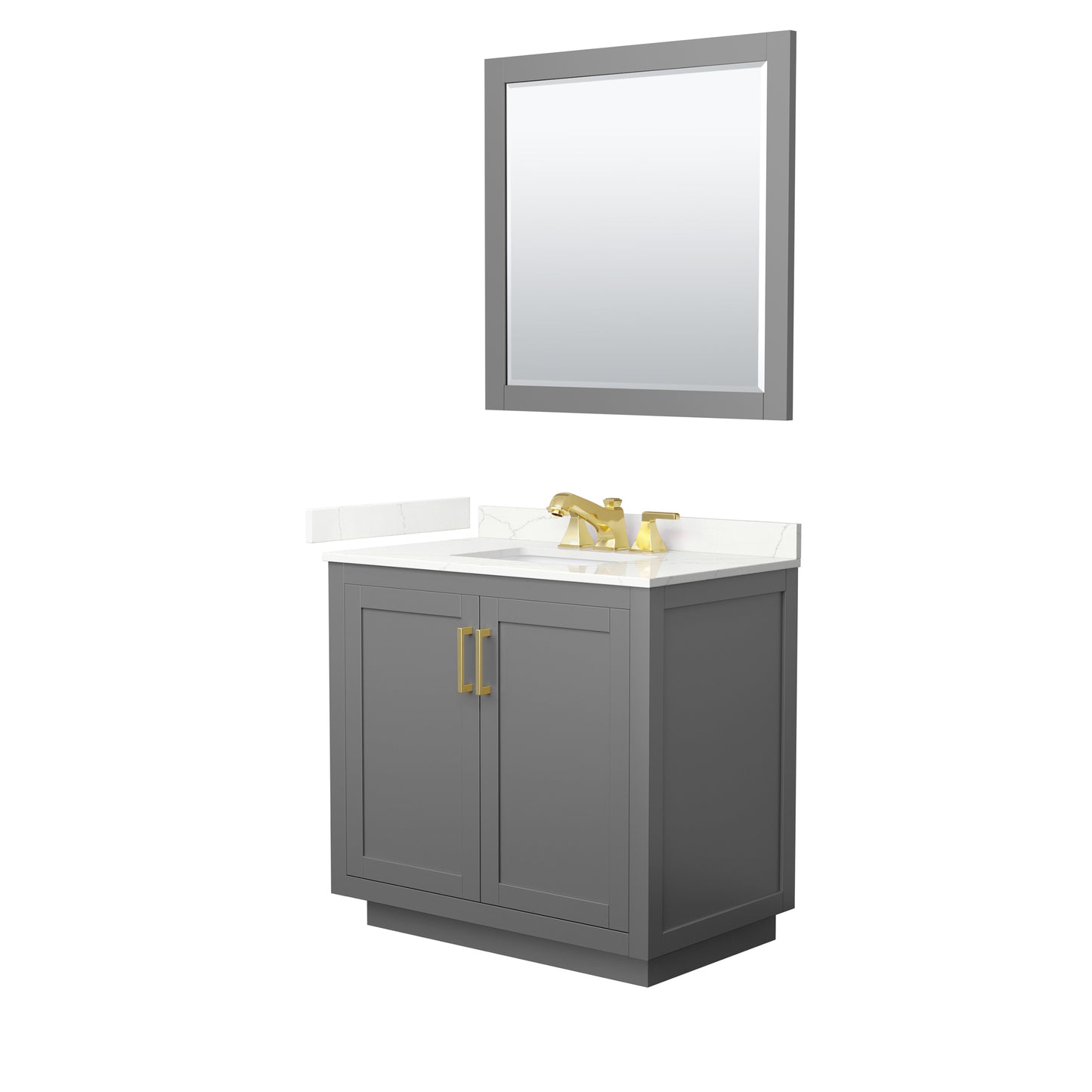 Wyndham Collection Miranda 36" Single Bathroom Vanity in Dark Gray, Giotto Quartz Countertop, Undermount Square Sink (3-Hole), Brushed Gold Trim, 34" Mirror