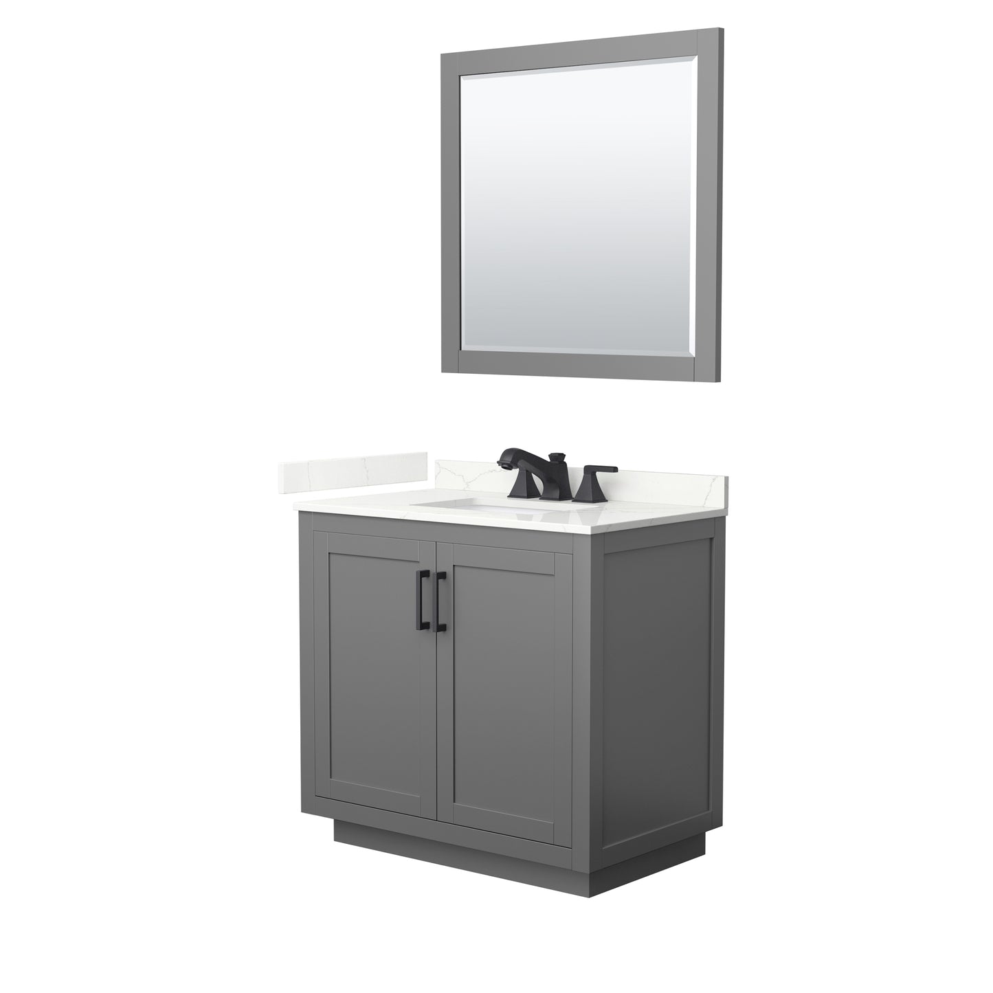 Wyndham Collection Miranda 36" Single Bathroom Vanity in Dark Gray, Giotto Quartz Countertop, Undermount Square Sink (3-Hole), Matte Black Trim, 34" Mirror