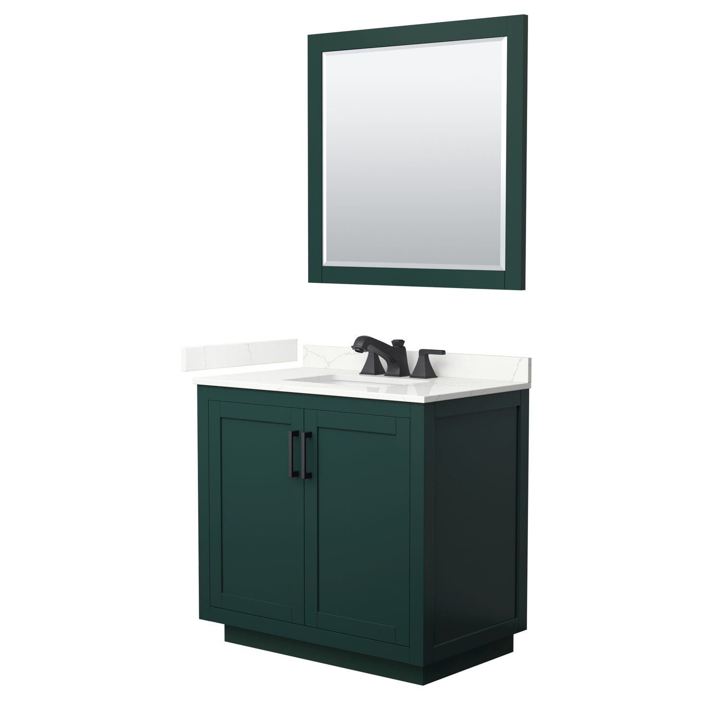 Wyndham Collection Miranda 36" Single Bathroom Vanity in Green, Giotto Quartz Countertop, Undermount Square Sink (3-Hole), Matte Black Trim, 34" Mirror