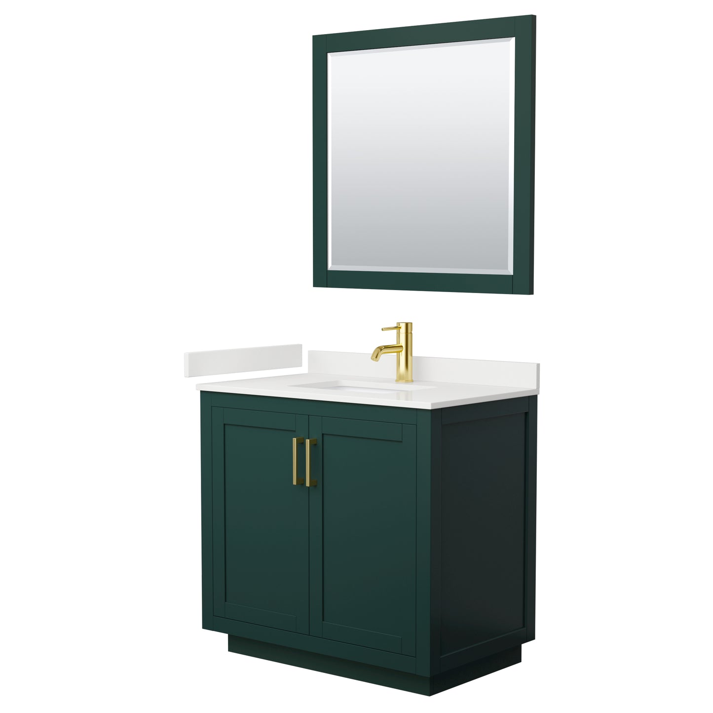 Wyndham Collection Miranda 36" Single Bathroom Vanity in Green, White Quartz Countertop, Undermount Square Sink (1-Hole), Brushed Gold Trim, 34" Mirror