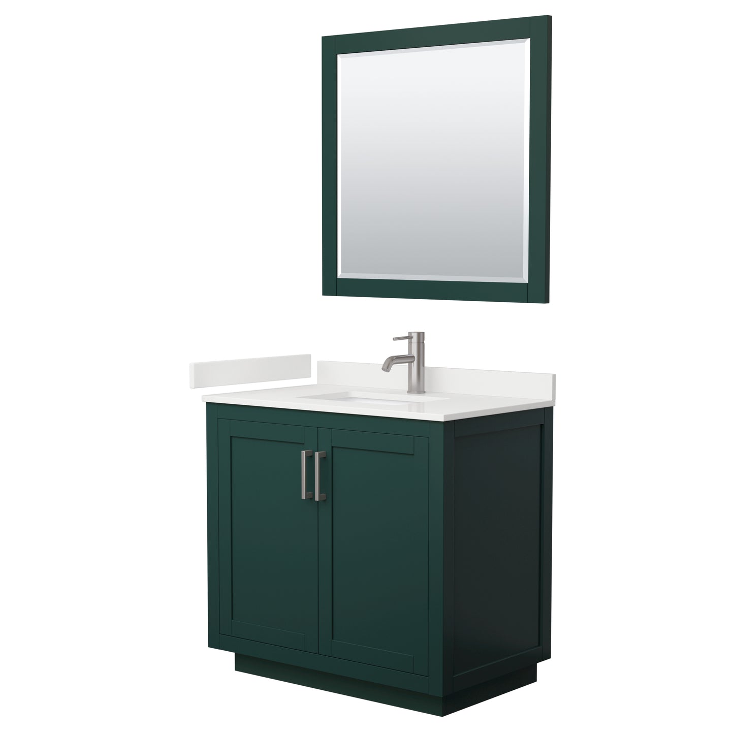 Wyndham Collection Miranda 36" Single Bathroom Vanity in Green, White Quartz Countertop, Undermount Square Sink (1-Hole), Brushed Nickel Trim, 34" Mirror