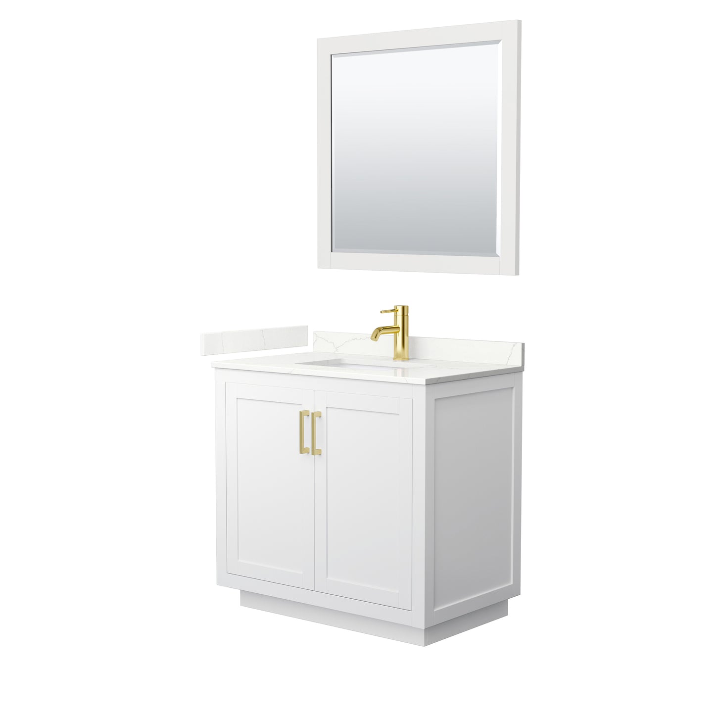 Wyndham Collection Miranda 36" Single Bathroom Vanity in White, Giotto Quartz Countertop, Undermount Square Sink (1-Hole), Brushed Gold Trim, 34" Mirror