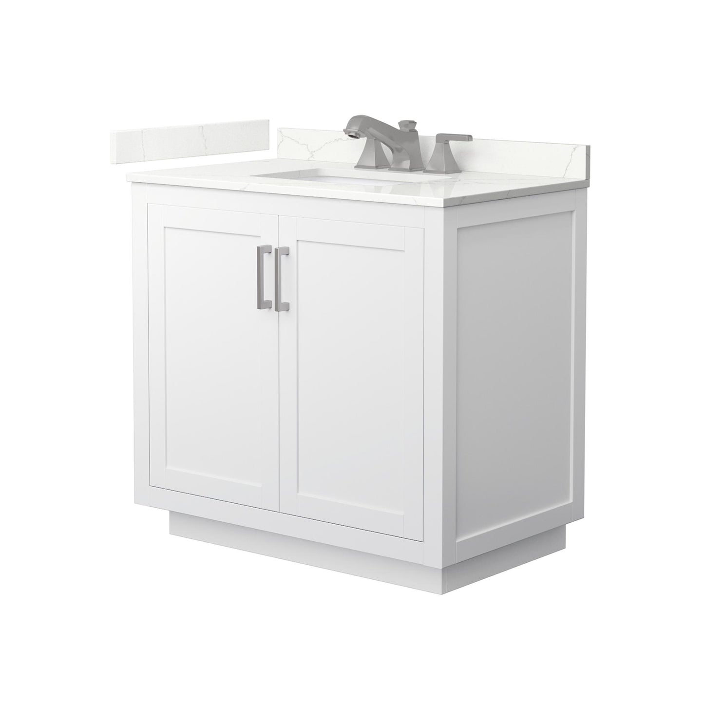 Wyndham Collection Miranda 36" Single Bathroom Vanity in White, Giotto Quartz Countertop, Undermount Square Sink (3-Hole), Brushed Nickel Trim
