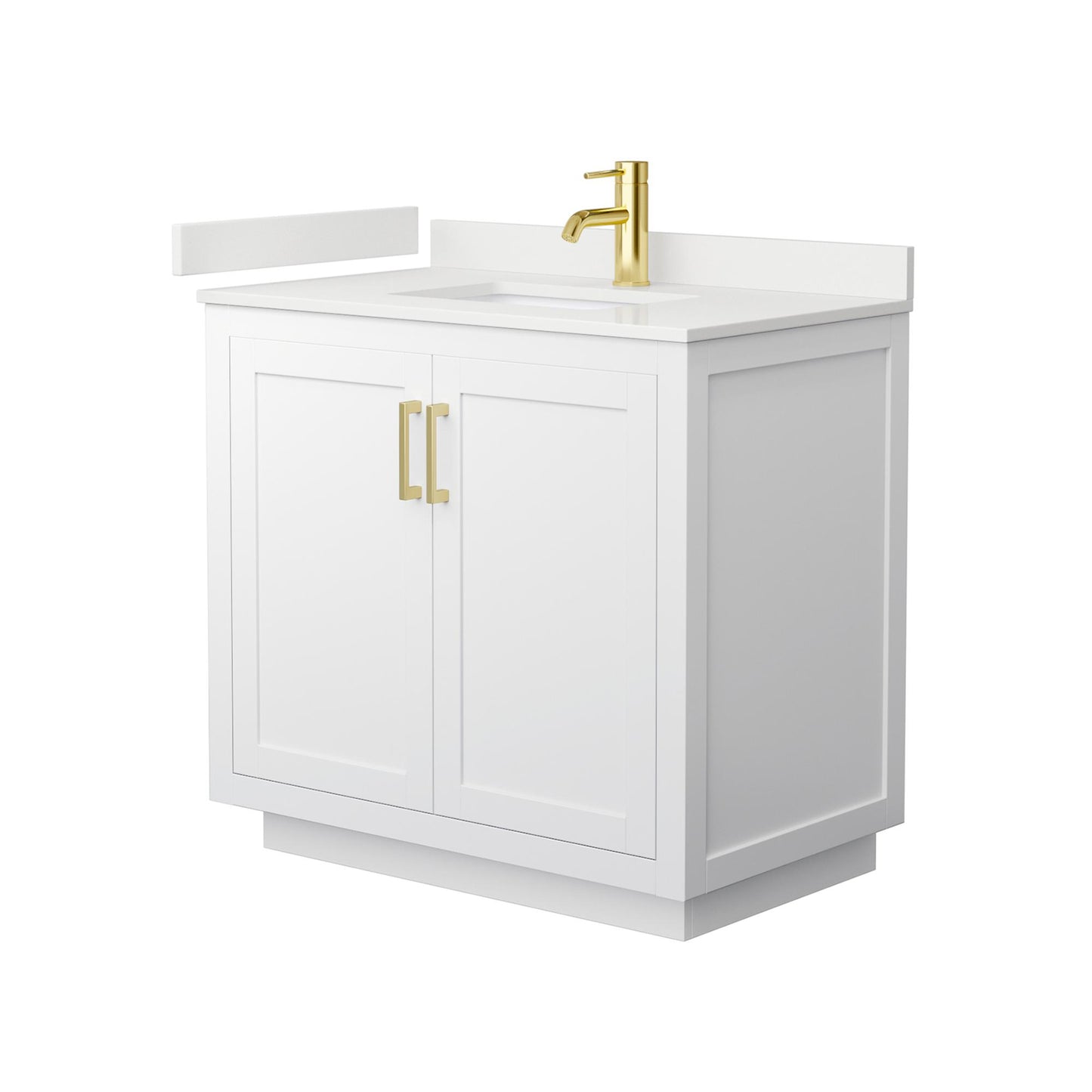 Wyndham Collection Miranda 36" Single Bathroom Vanity in White, White Quartz Countertop, Undermount Square Sink (1-Hole), Brushed Gold Trim