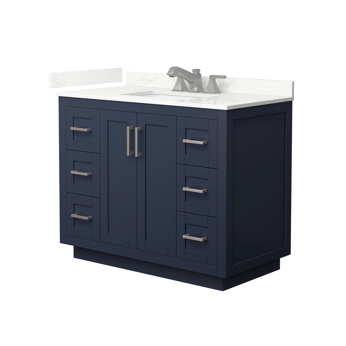 Wyndham Collection Miranda 42" Single Bathroom Vanity in Dark Blue, Giotto Quartz Countertop, Undermount Square Sink (3-Hole), Brushed Nickel Trim
