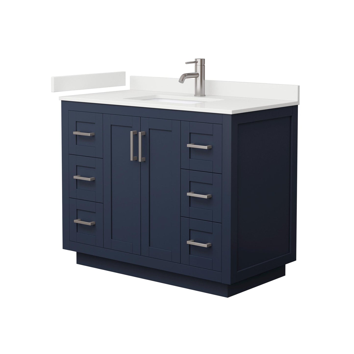 Wyndham Collection Miranda 42" Single Bathroom Vanity in Dark Blue, White Quartz Countertop, Undermount Square Sink (1-Hole), Brushed Nickel Trim