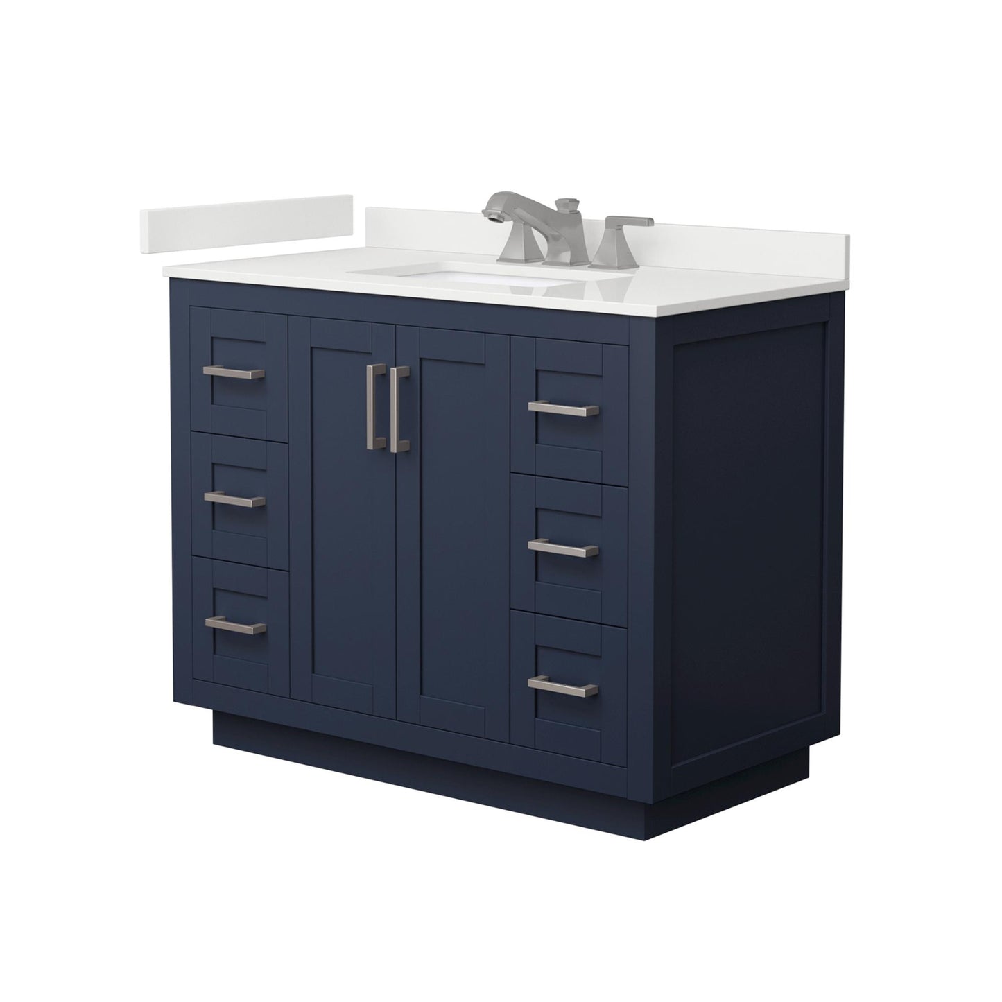 Wyndham Collection Miranda 42" Single Bathroom Vanity in Dark Blue, White Quartz Countertop, Undermount Square Sink (3-Hole), Brushed Nickel Trim
