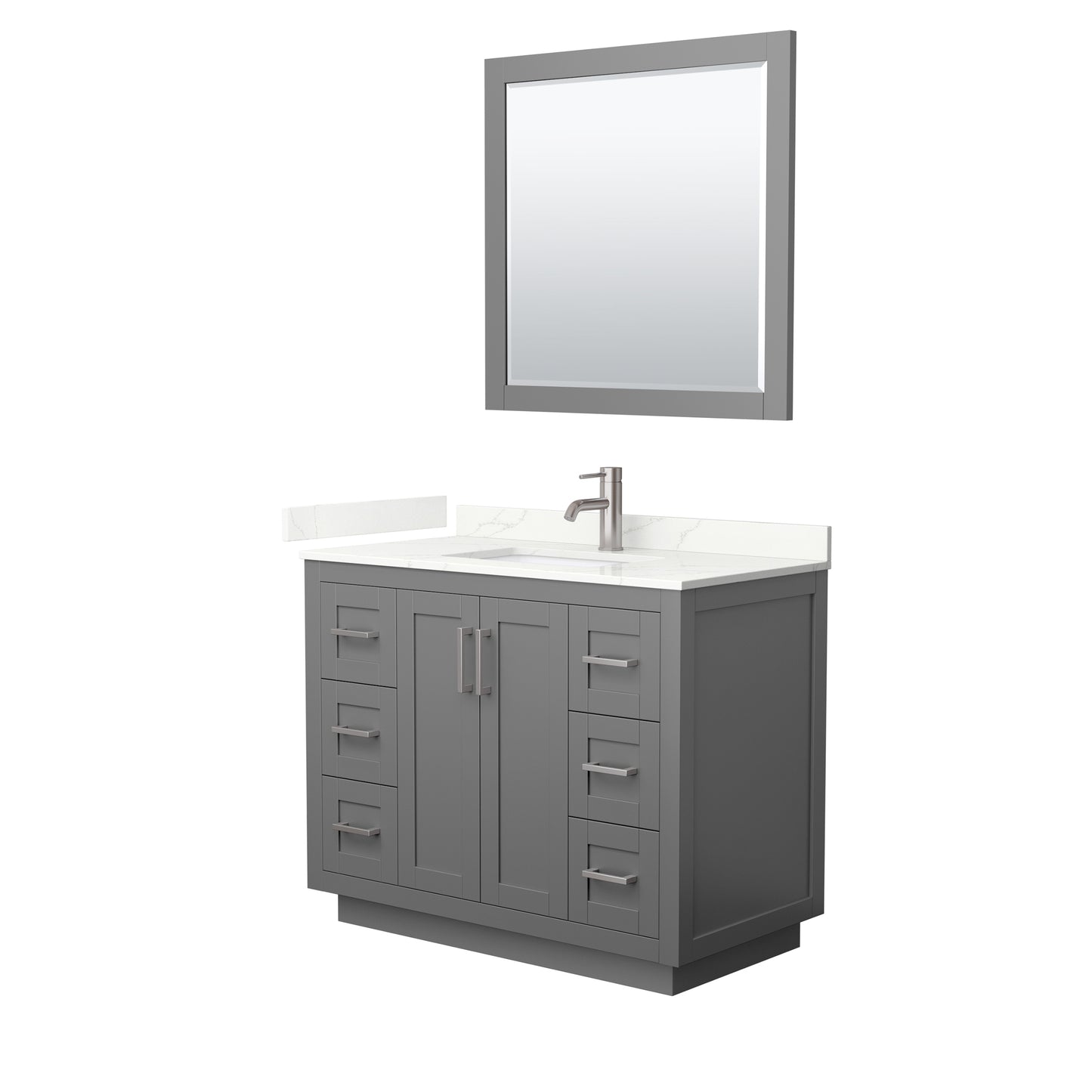 Wyndham Collection Miranda 42" Single Bathroom Vanity in Dark Gray, Giotto Quartz Countertop, Undermount Square Sink (1-Hole), Brushed Nickel Trim, 34" Mirror