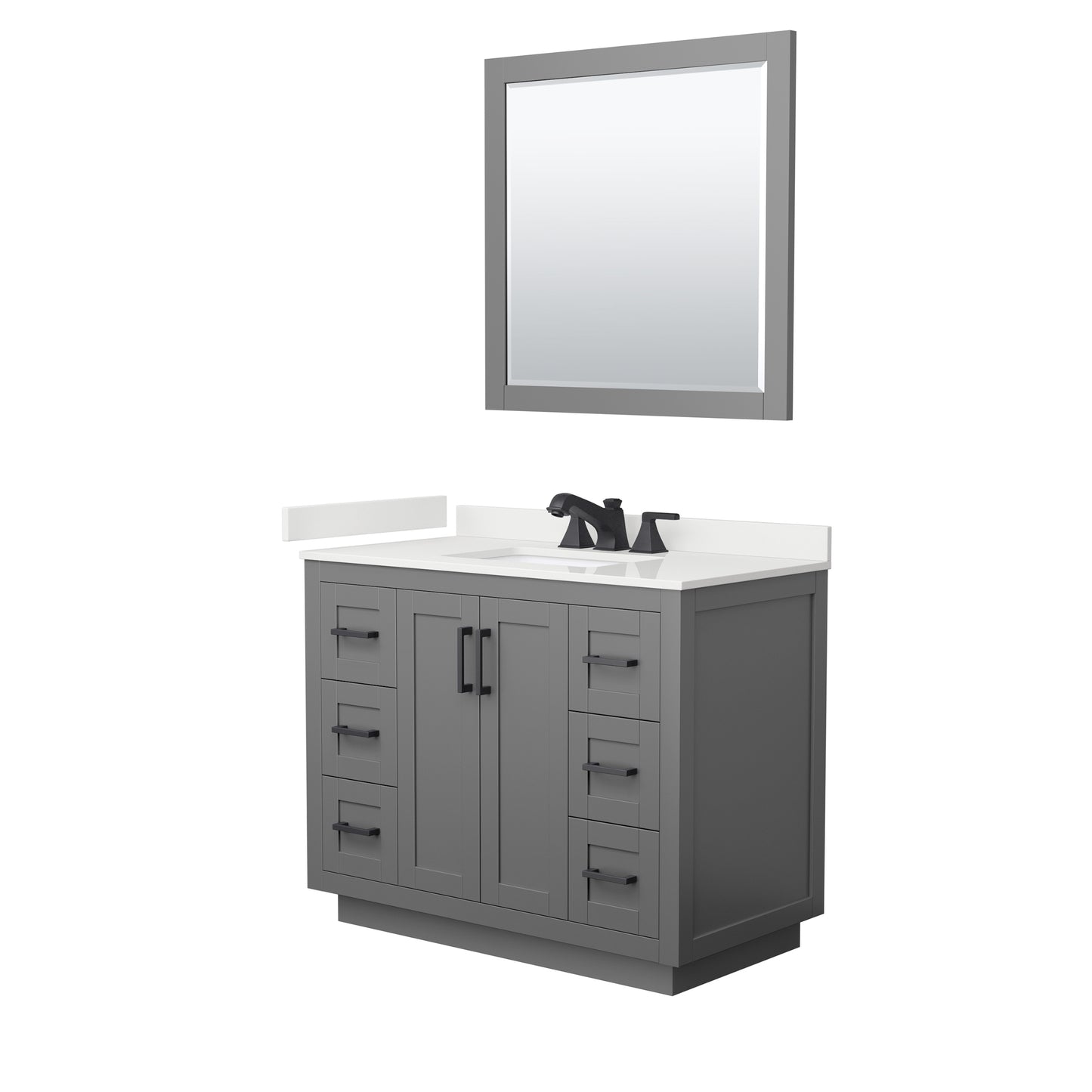 Wyndham Collection Miranda 42" Single Bathroom Vanity in Dark Gray, White Quartz Countertop, Undermount Square Sink (3-Hole), Matte Black Trim, 34" Mirror
