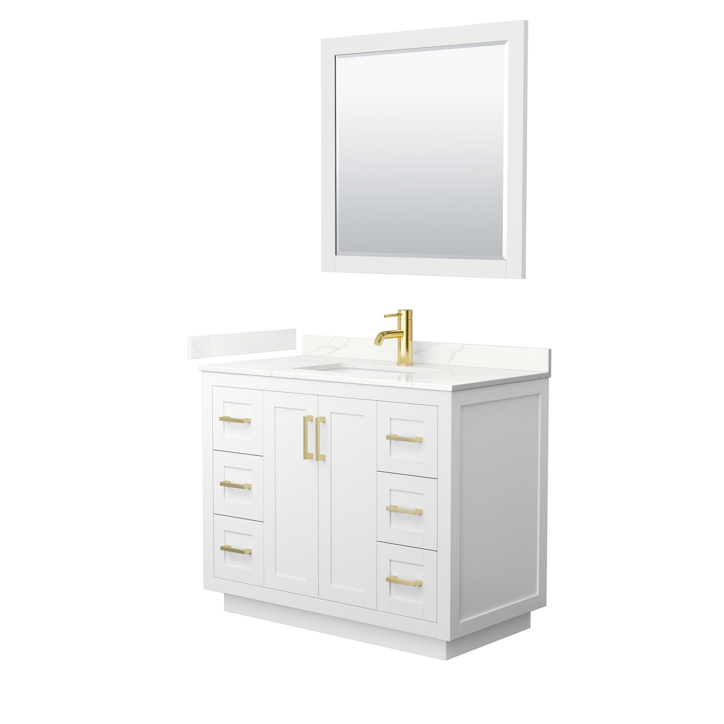 Wyndham Collection Miranda 42" Single Bathroom Vanity in White, Giotto Quartz Countertop, Undermount Square Sink (1-Hole), Brushed Gold Trim, 34" Mirror