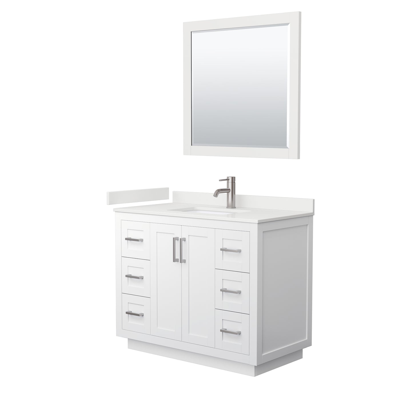 Wyndham Collection Miranda 42" Single Bathroom Vanity in White, White Quartz Countertop, Undermount Square Sink (1-Hole), Brushed Nickel Trim, 34" Mirror