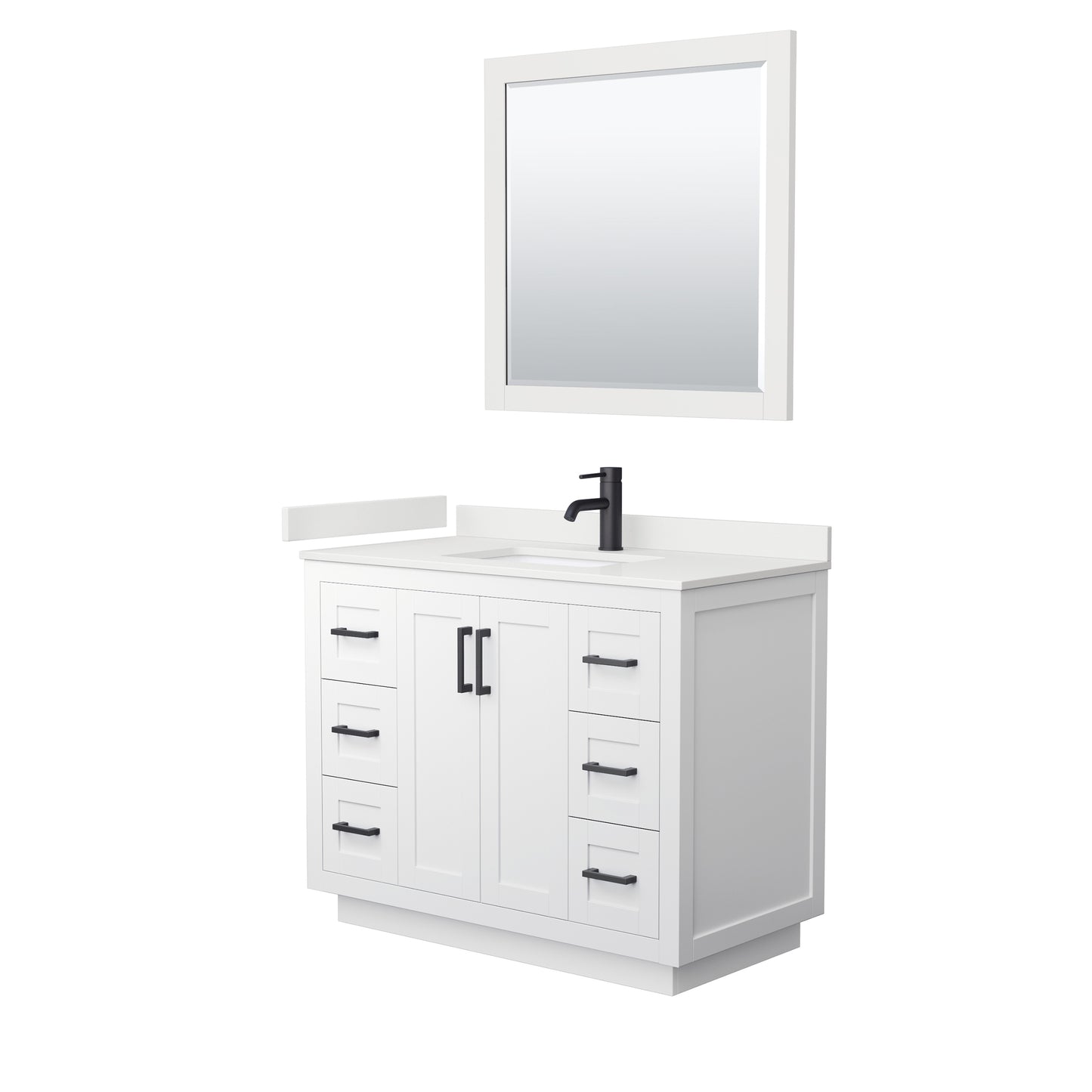 Wyndham Collection Miranda 42" Single Bathroom Vanity in White, White Quartz Countertop, Undermount Square Sink (1-Hole), Matte Black Trim, 34" Mirror