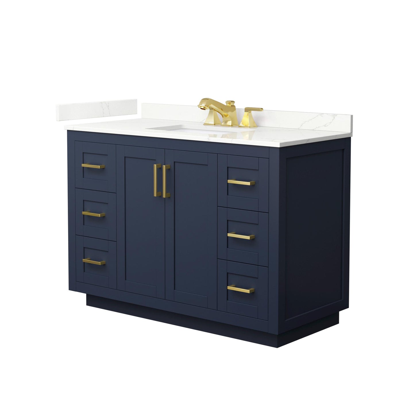 Wyndham Collection Miranda 48" Single Bathroom Vanity in Dark Blue, Giotto Quartz Countertop, Undermount Square Sink (3-Hole), Brushed Gold Trim