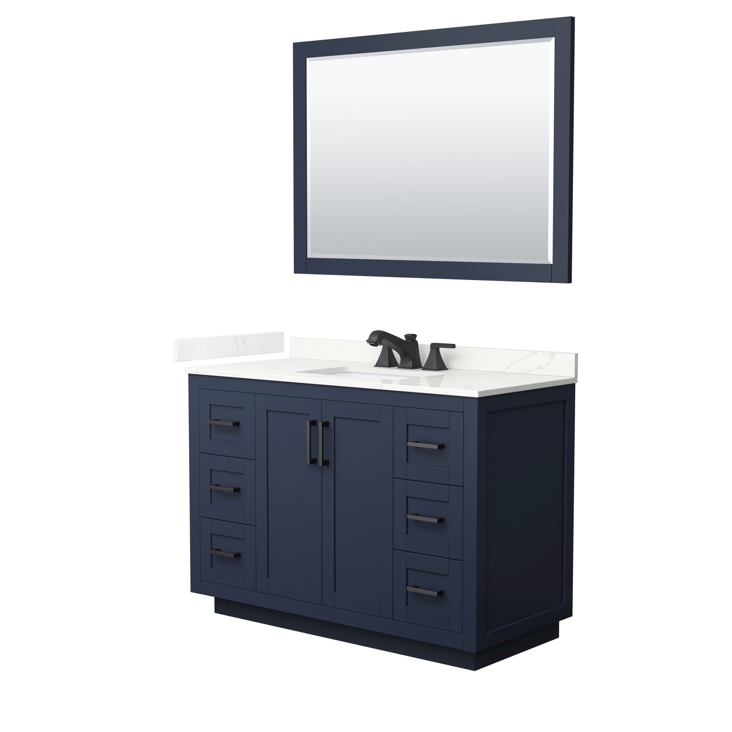 Wyndham Collection Miranda 48" Single Bathroom Vanity in Dark Blue, Giotto Quartz Countertop, Undermount Square Sink (3-Hole), Matte Black Trim, 46" Mirror