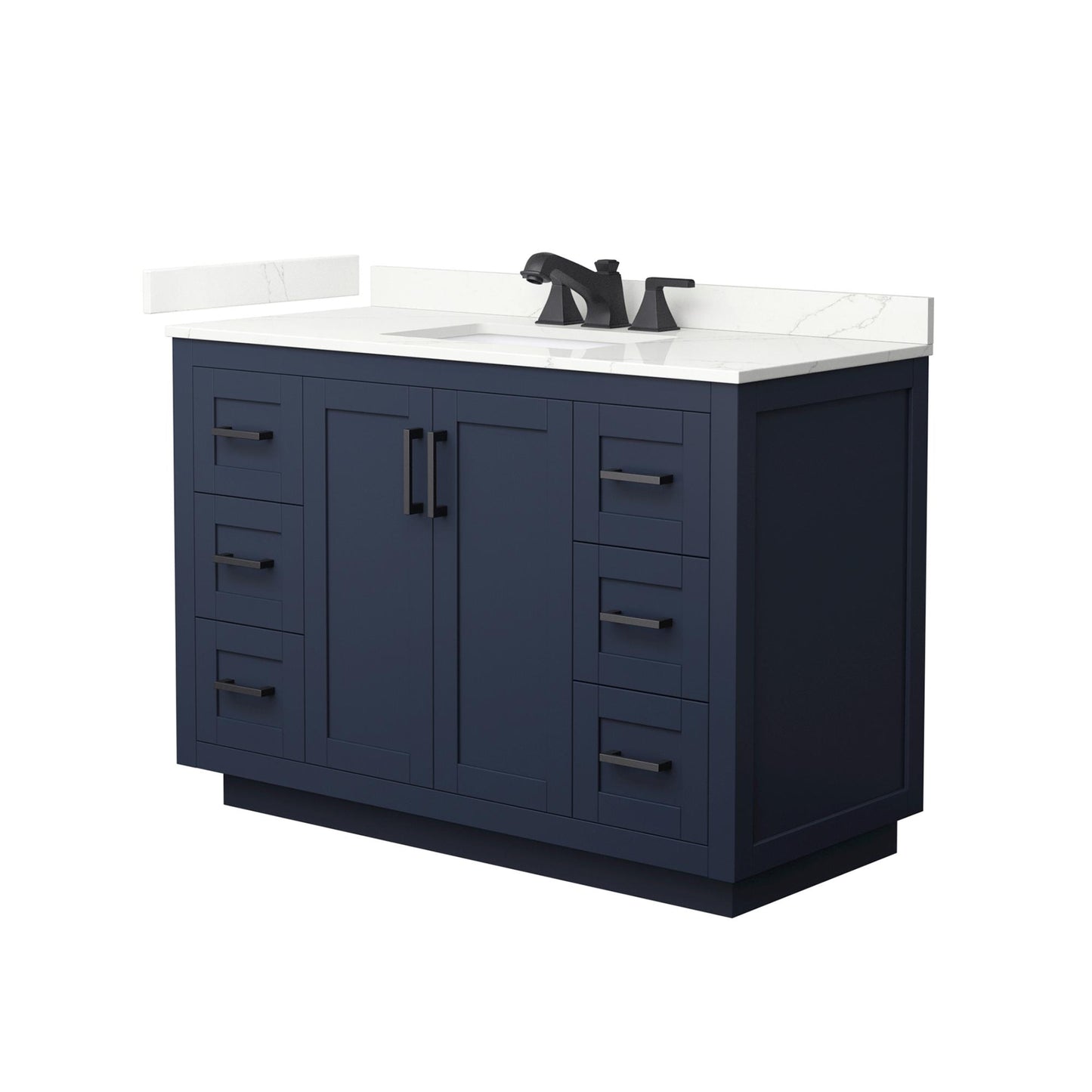 Wyndham Collection Miranda 48" Single Bathroom Vanity in Dark Blue, Giotto Quartz Countertop, Undermount Square Sink (3-Hole), Matte Black Trim