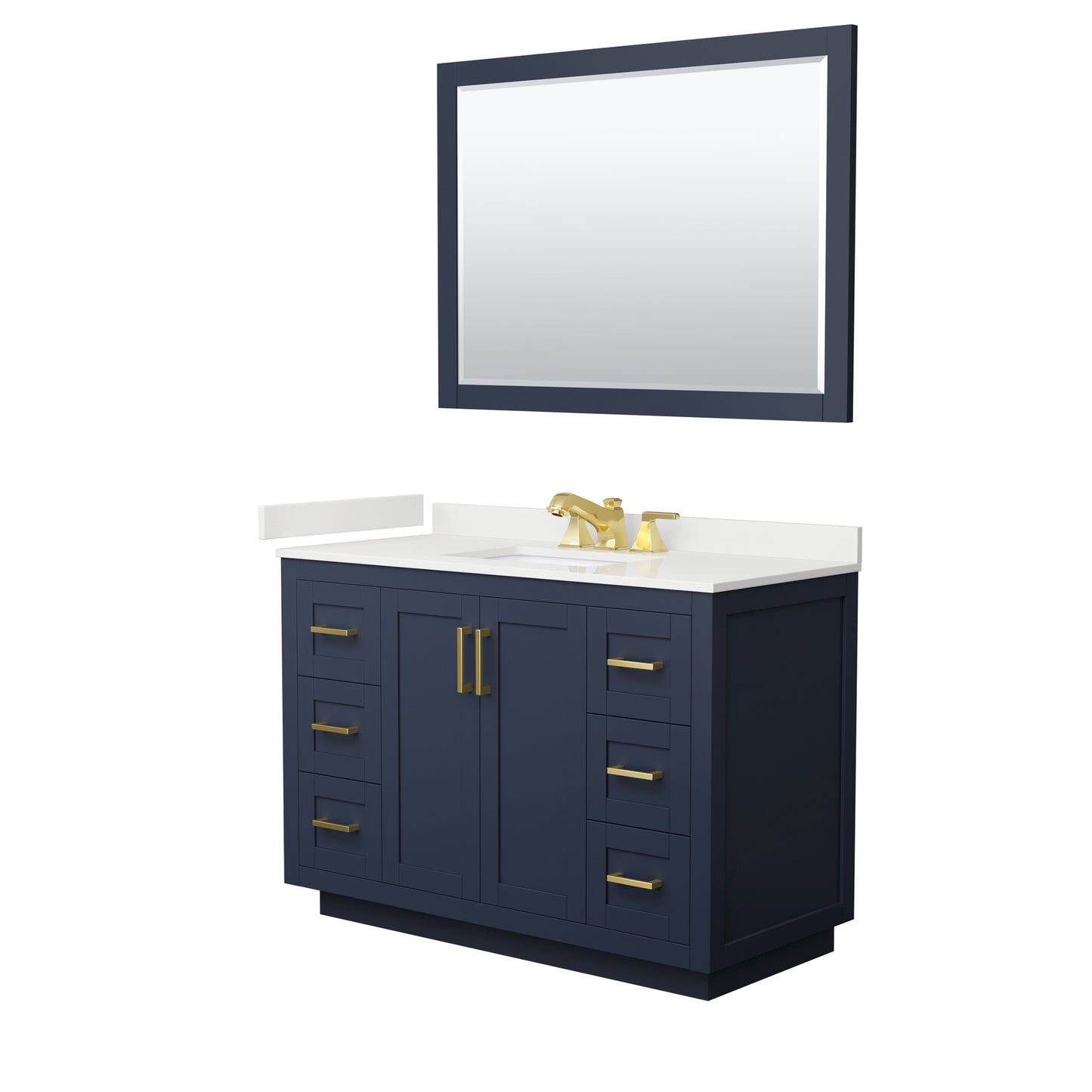 Wyndham Collection Miranda 48" Single Bathroom Vanity in Dark Blue, White Quartz Countertop, Undermount Square Sink (3-Hole), Brushed Gold Trim, 46" Mirror