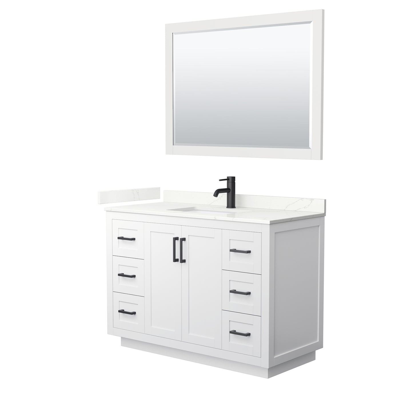 Wyndham Collection Miranda 48" Single Bathroom Vanity in White, Giotto Quartz Countertop, Undermount Square Sink (1-Hole), Matte Black Trim, 46" Mirror