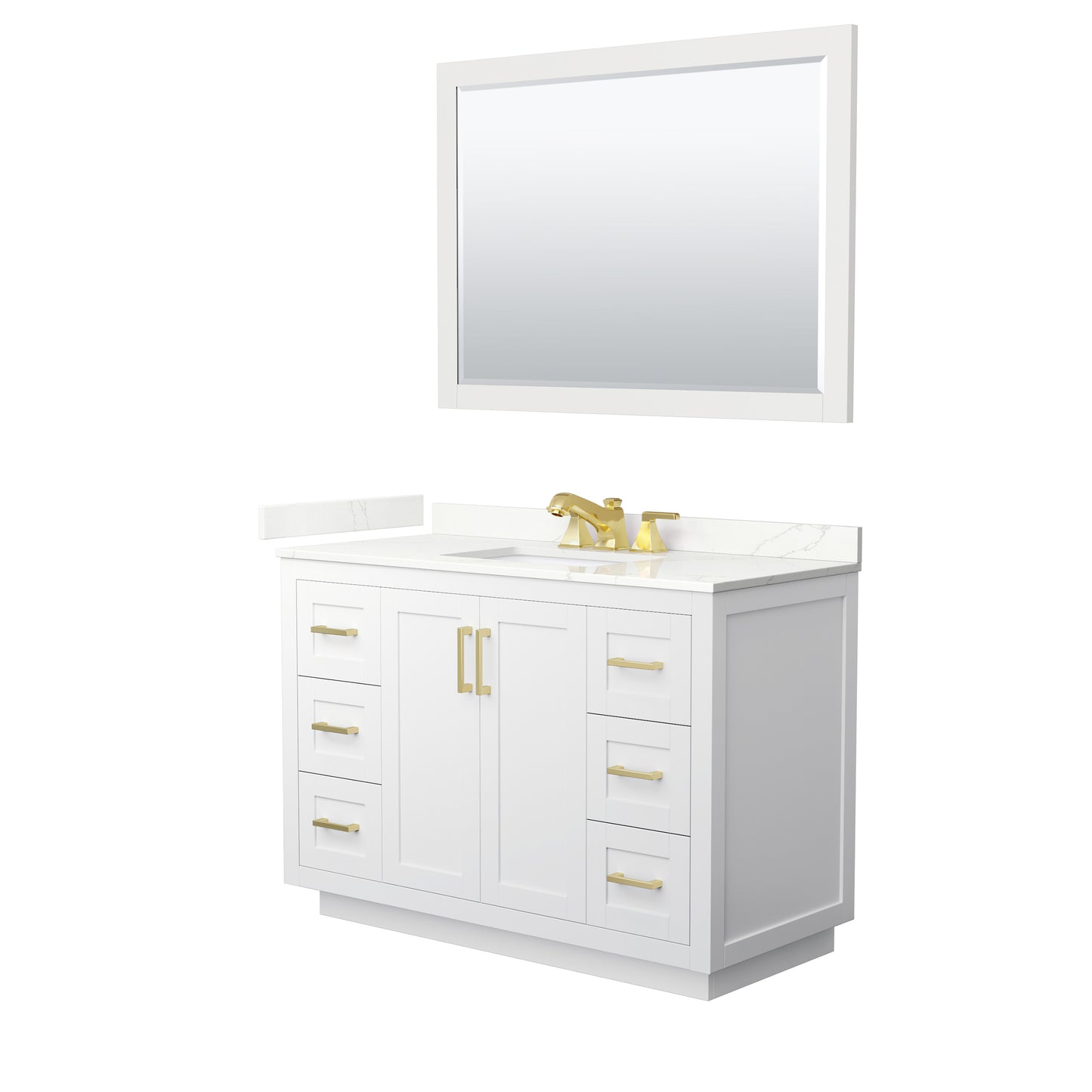 Wyndham Collection Miranda 48" Single Bathroom Vanity in White, Giotto Quartz Countertop, Undermount Square Sink (3-Hole), Brushed Gold Trim, 46" Mirror