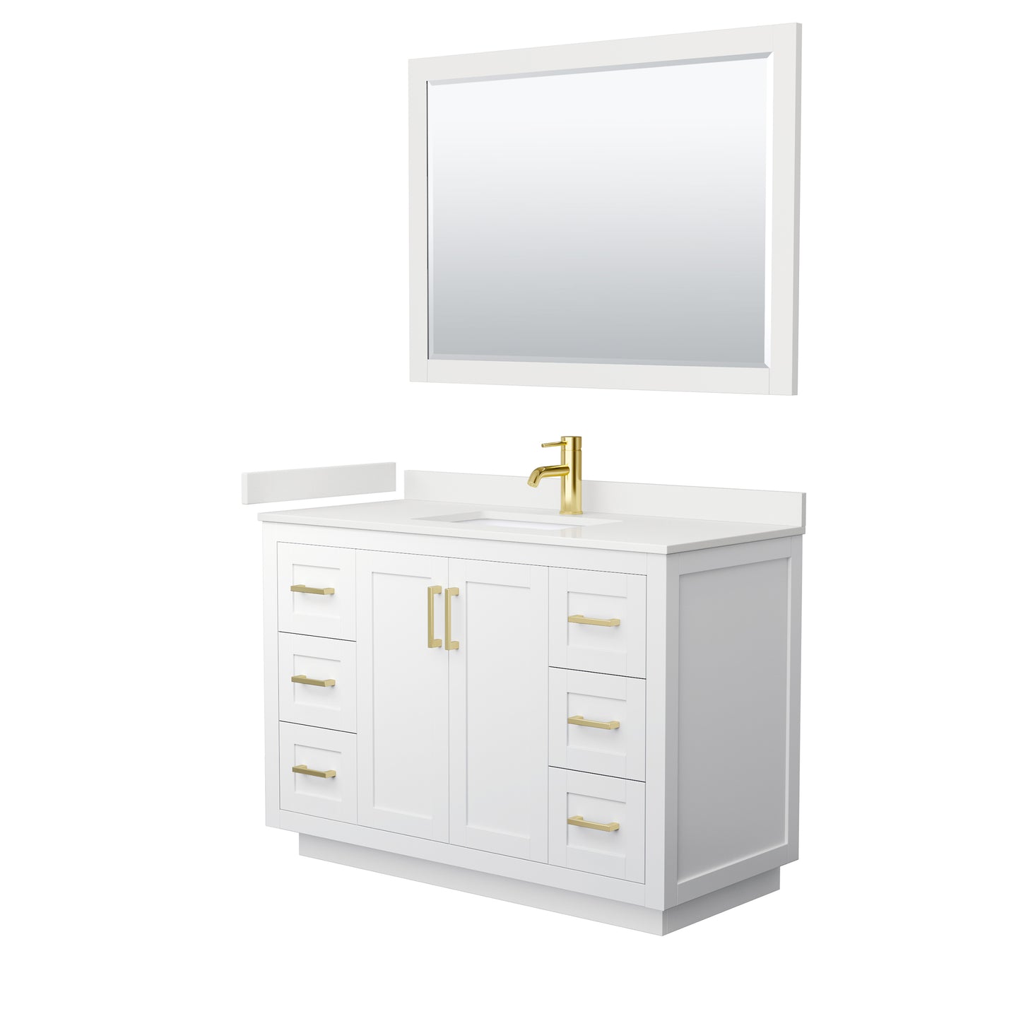 Wyndham Collection Miranda 48" Single Bathroom Vanity in White, White Quartz Countertop, Undermount Square Sink (1-Hole), Brushed Gold Trim, 46" Mirror
