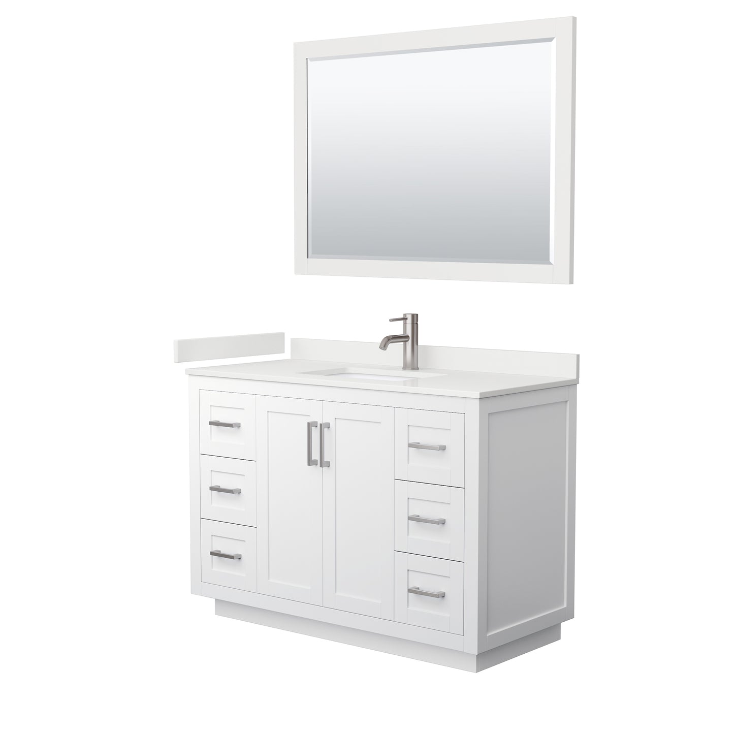 Wyndham Collection Miranda 48" Single Bathroom Vanity in White, White Quartz Countertop, Undermount Square Sink (1-Hole), Brushed Nickel Trim, 46" Mirror