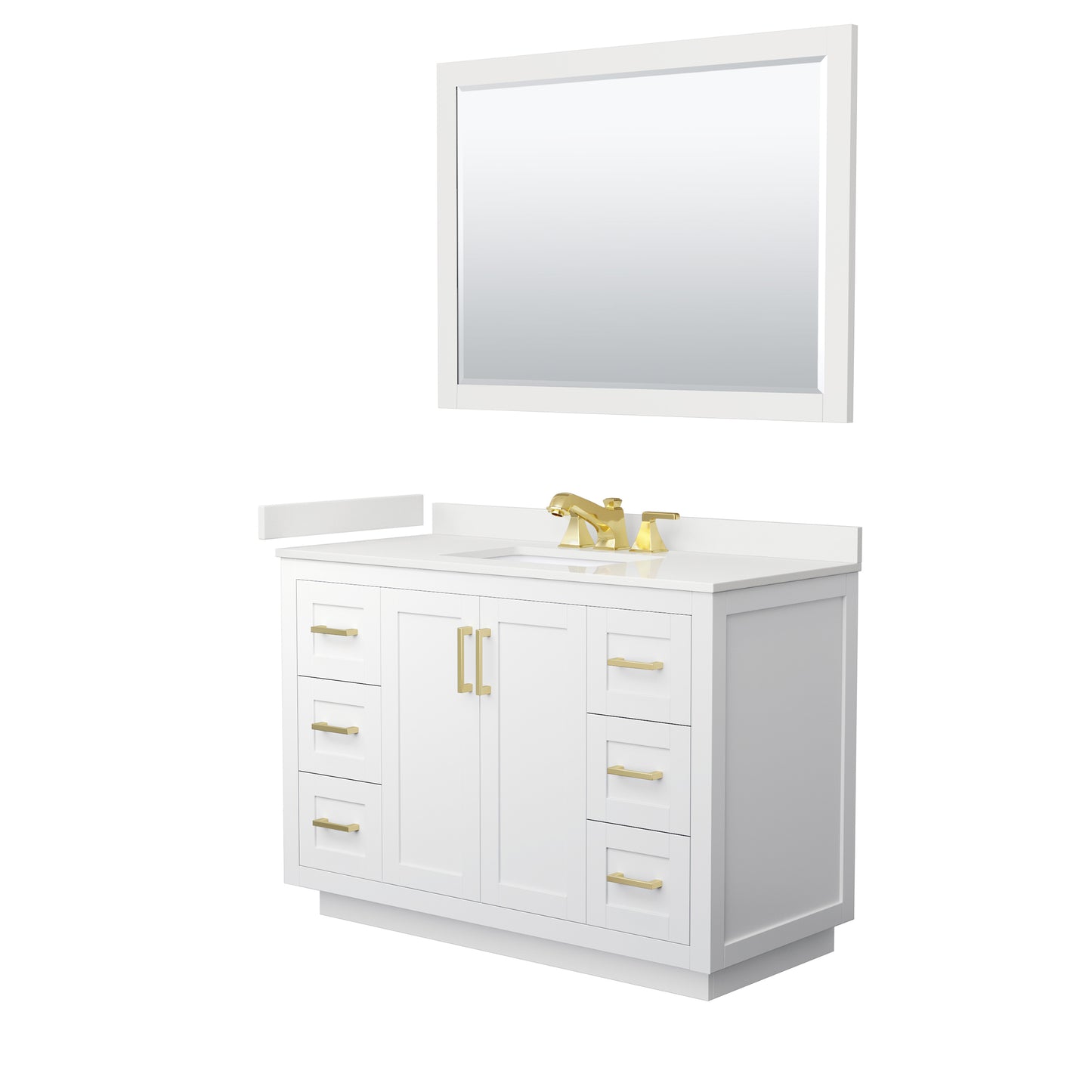 Wyndham Collection Miranda 48" Single Bathroom Vanity in White, White Quartz Countertop, Undermount Square Sink (3-Hole), Brushed Gold Trim, 46" Mirror