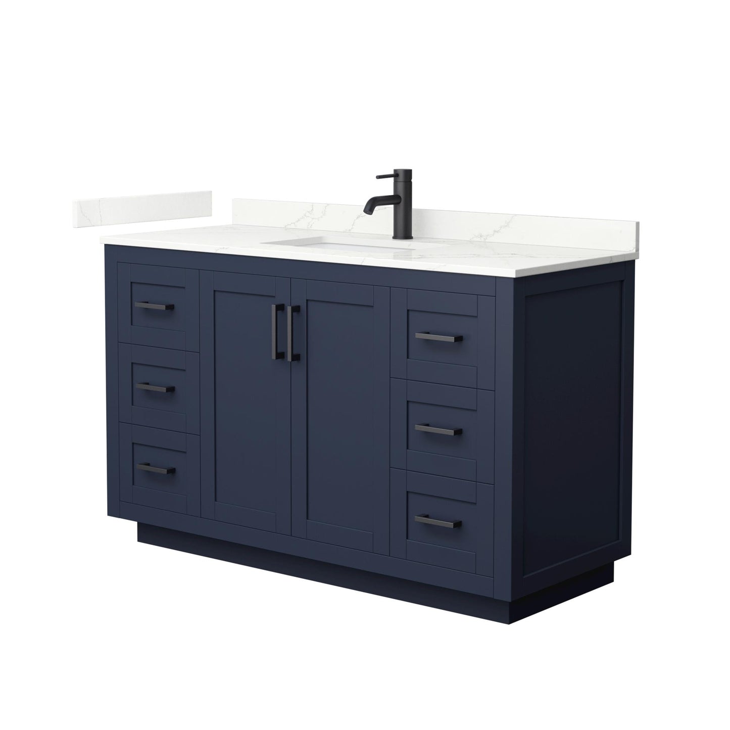 Wyndham Collection Miranda 54" Single Bathroom Vanity in Dark Blue, Giotto Quartz Countertop, Undermount Square Sink (1-Hole), Matte Black Trim