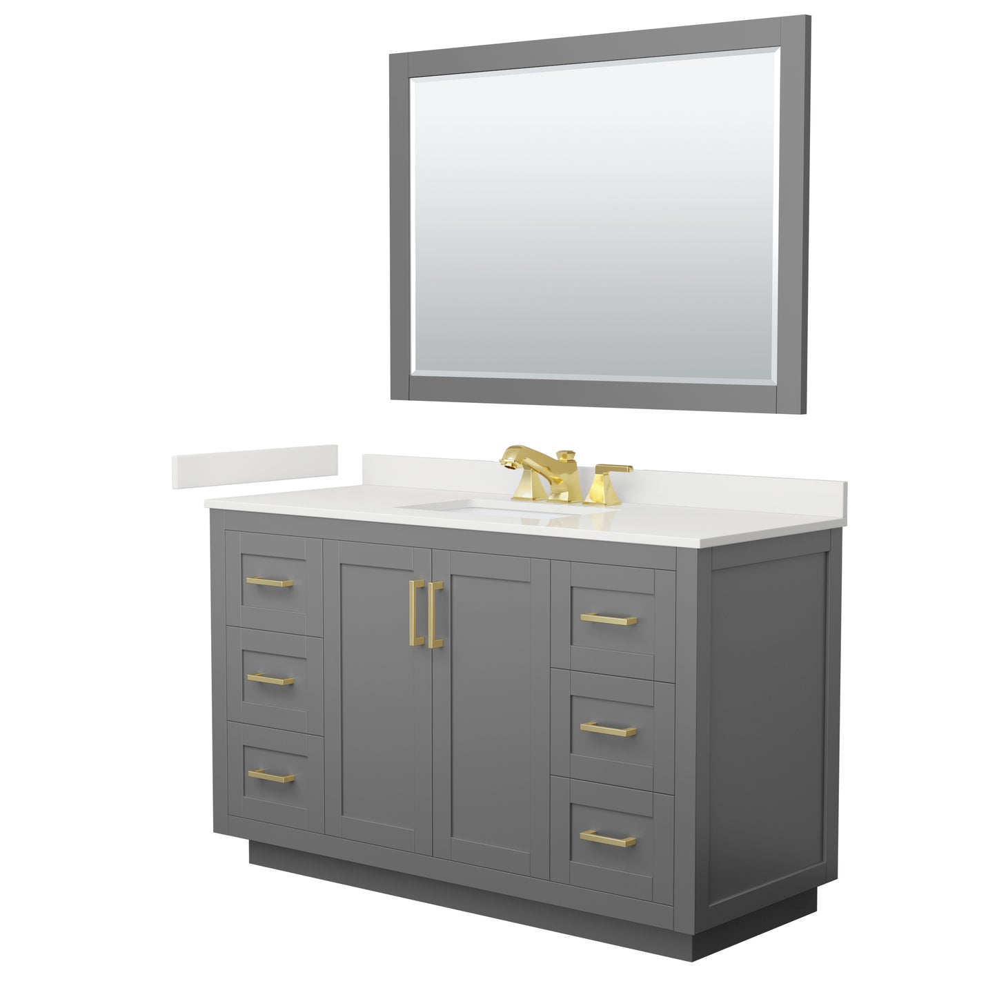 Wyndham Collection Miranda 54" Single Bathroom Vanity in Dark Gray, White Quartz Countertop, Undermount Square Sink (3-Hole), Brushed Gold Trim, 46" Mirror