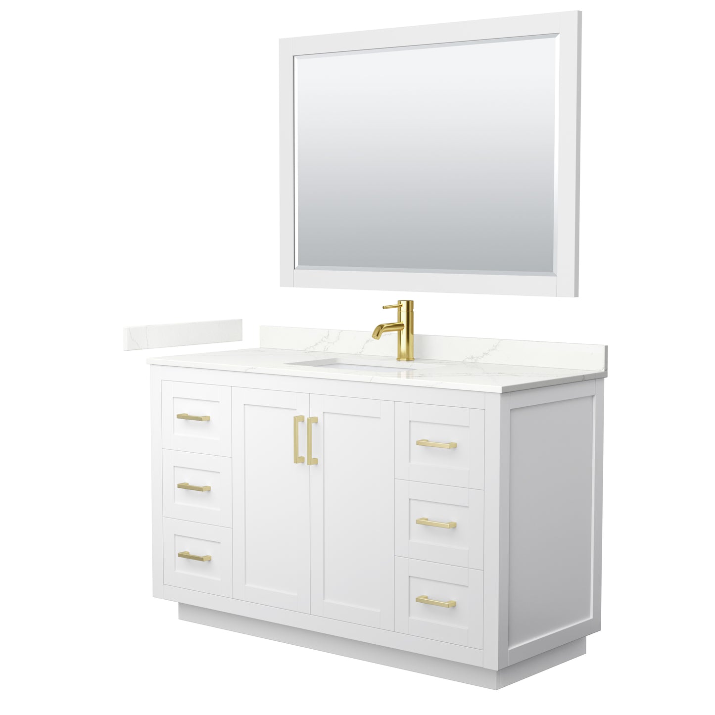 Wyndham Collection Miranda 54" Single Bathroom Vanity in White, Giotto Quartz Countertop, Undermount Square Sink (1-Hole), Brushed Gold Trim, 46" Mirror