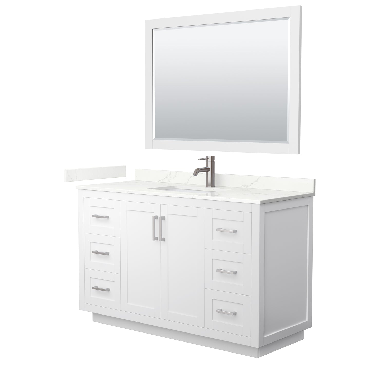 Wyndham Collection Miranda 54" Single Bathroom Vanity in White, Giotto Quartz Countertop, Undermount Square Sink (1-Hole), Brushed Nickel Trim, 46" Mirror