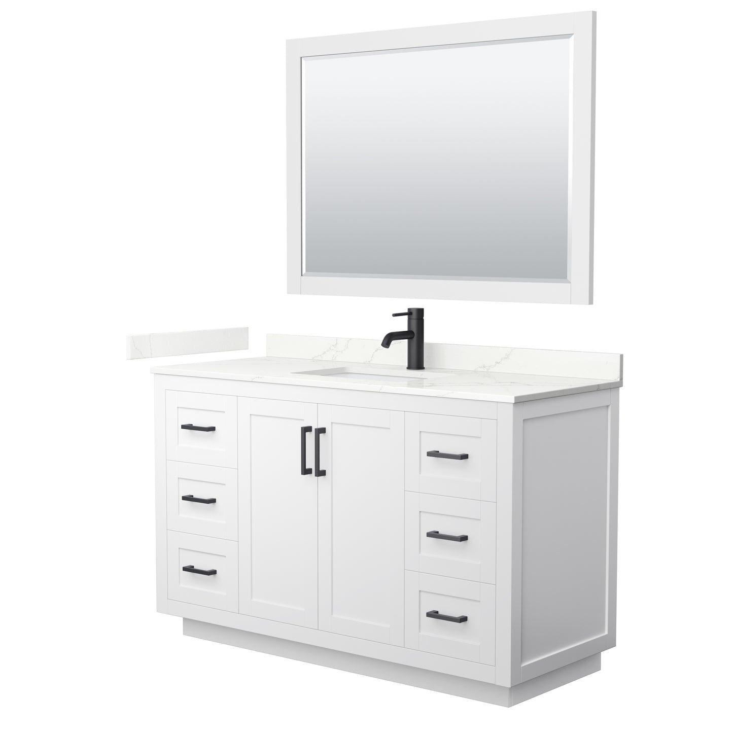 Wyndham Collection Miranda 54" Single Bathroom Vanity in White, Giotto Quartz Countertop, Undermount Square Sink (1-Hole), Matte Black Trim, 46" Mirror