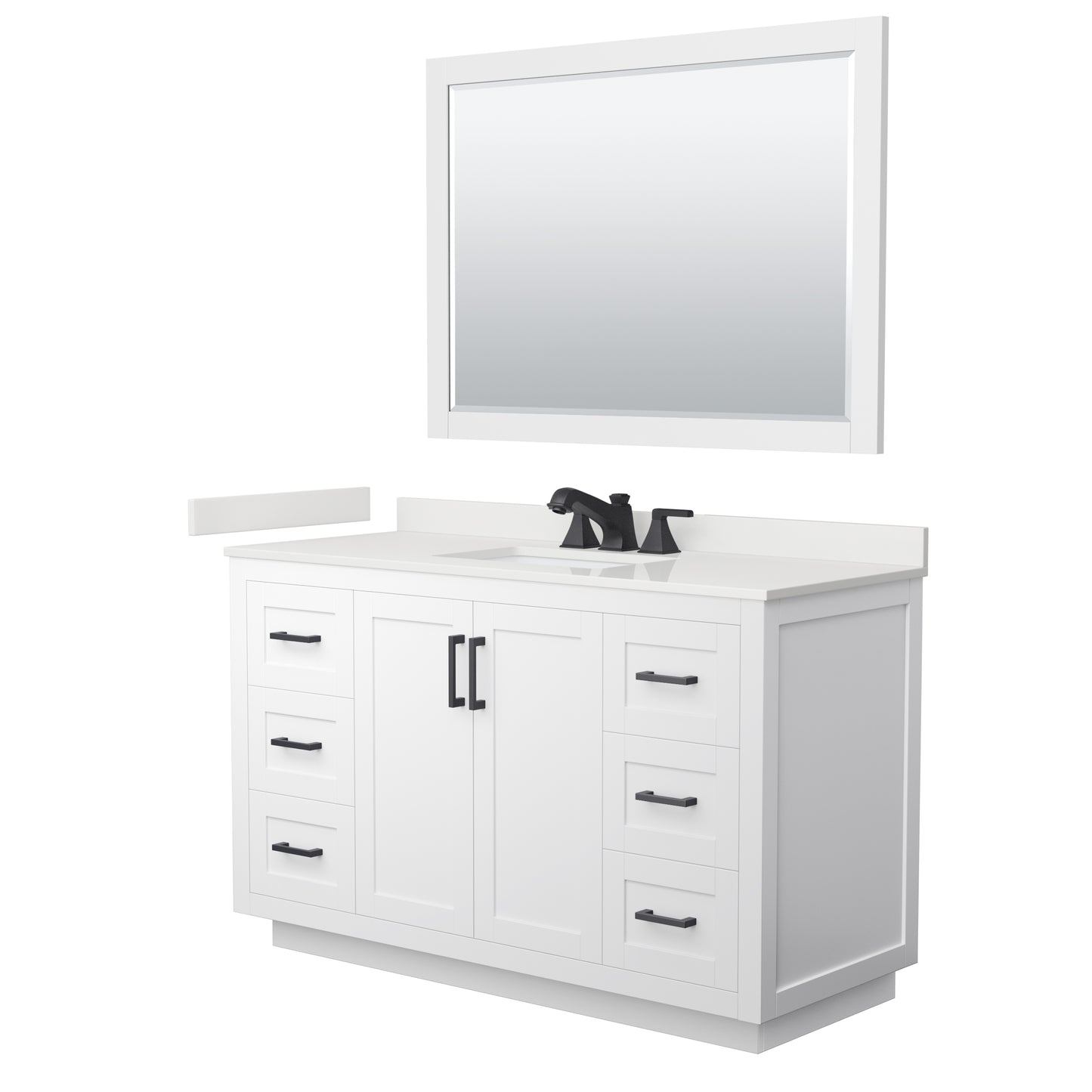 Wyndham Collection Miranda 54" Single Bathroom Vanity in White, White Quartz Countertop, Undermount Square Sink (3-Hole), Matte Black Trim, 46" Mirror