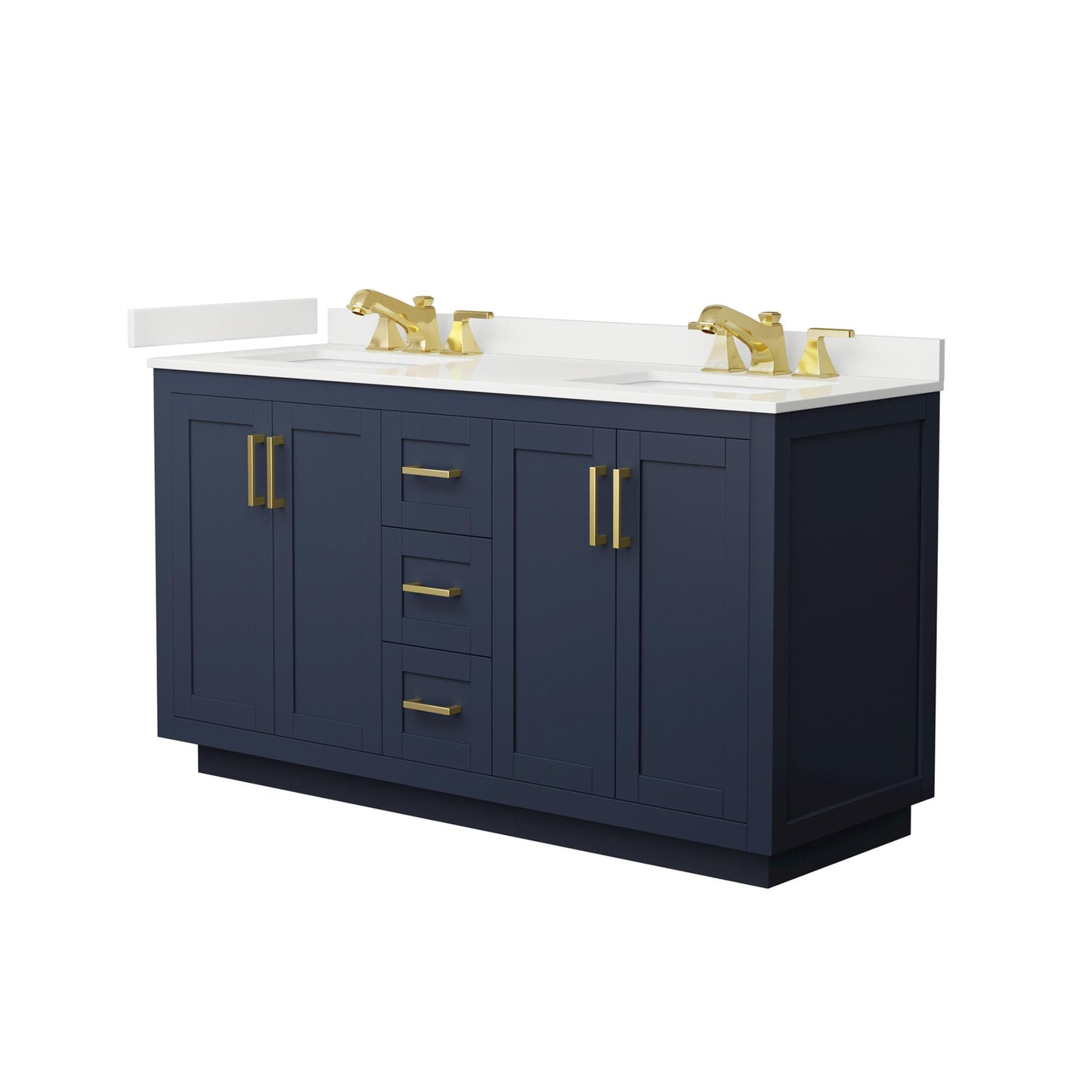 Wyndham Collection Miranda 60" Double Bathroom Vanity in Dark Blue, White Quartz Countertop, Undermount Square Sinks (3-Hole), Brushed Gold Trim