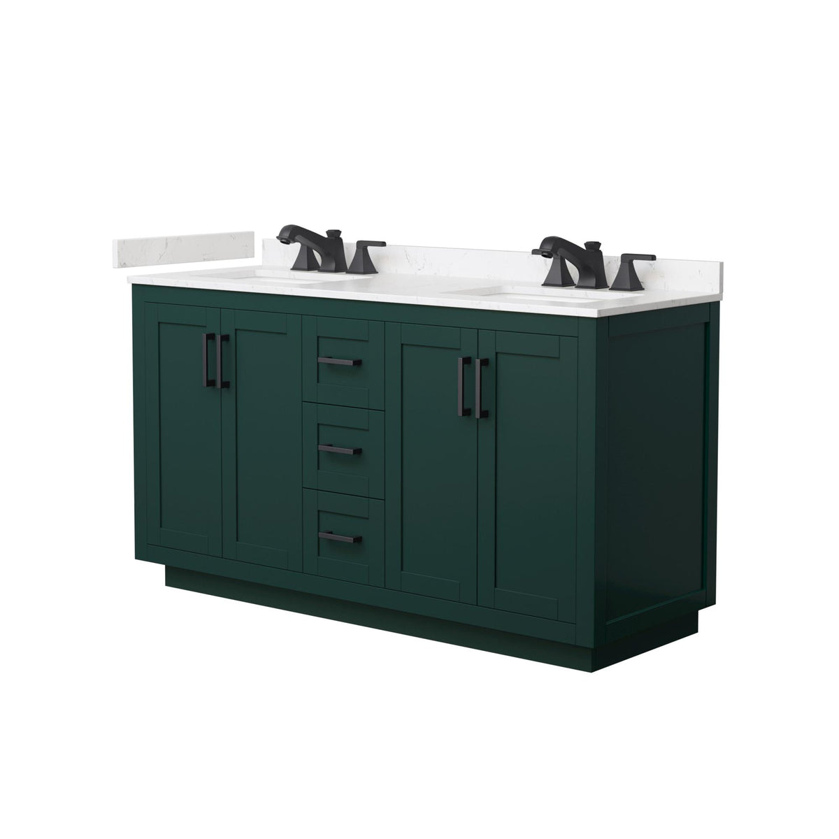 Wyndham Collection Miranda 60" Double Bathroom Vanity in Green, Carrara Cultured Marble Countertop, Undermount Square Sinks (3-Hole), Matte Black Trim