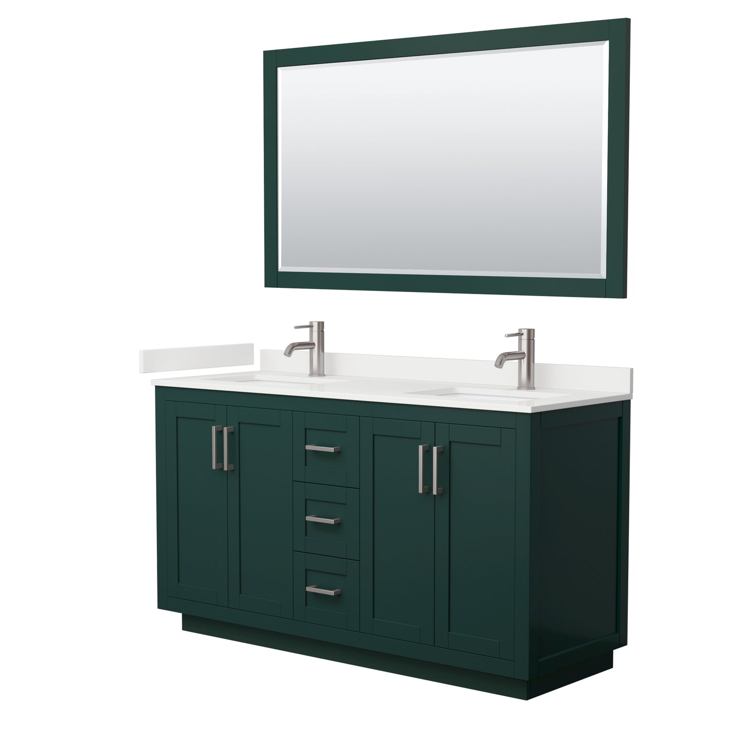 Wyndham Collection Miranda 60" Double Bathroom Vanity in Green, White Quartz Countertop, Undermount Square Sinks (1-Hole), Brushed Nickel Trim, 58" Mirror