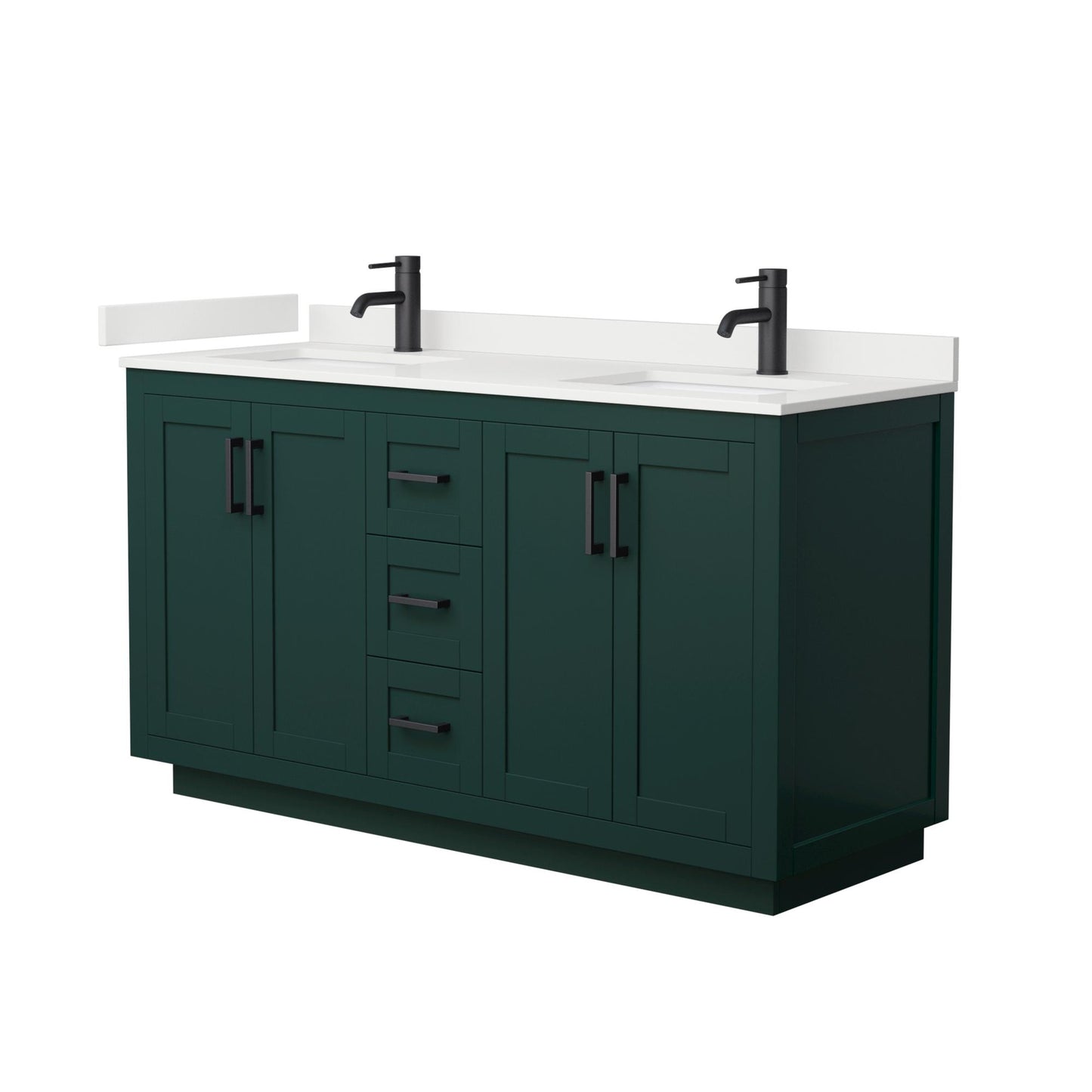 Wyndham Collection Miranda 60" Double Bathroom Vanity in Green, White Quartz Countertop, Undermount Square Sinks (1-Hole), Matte Black Trim