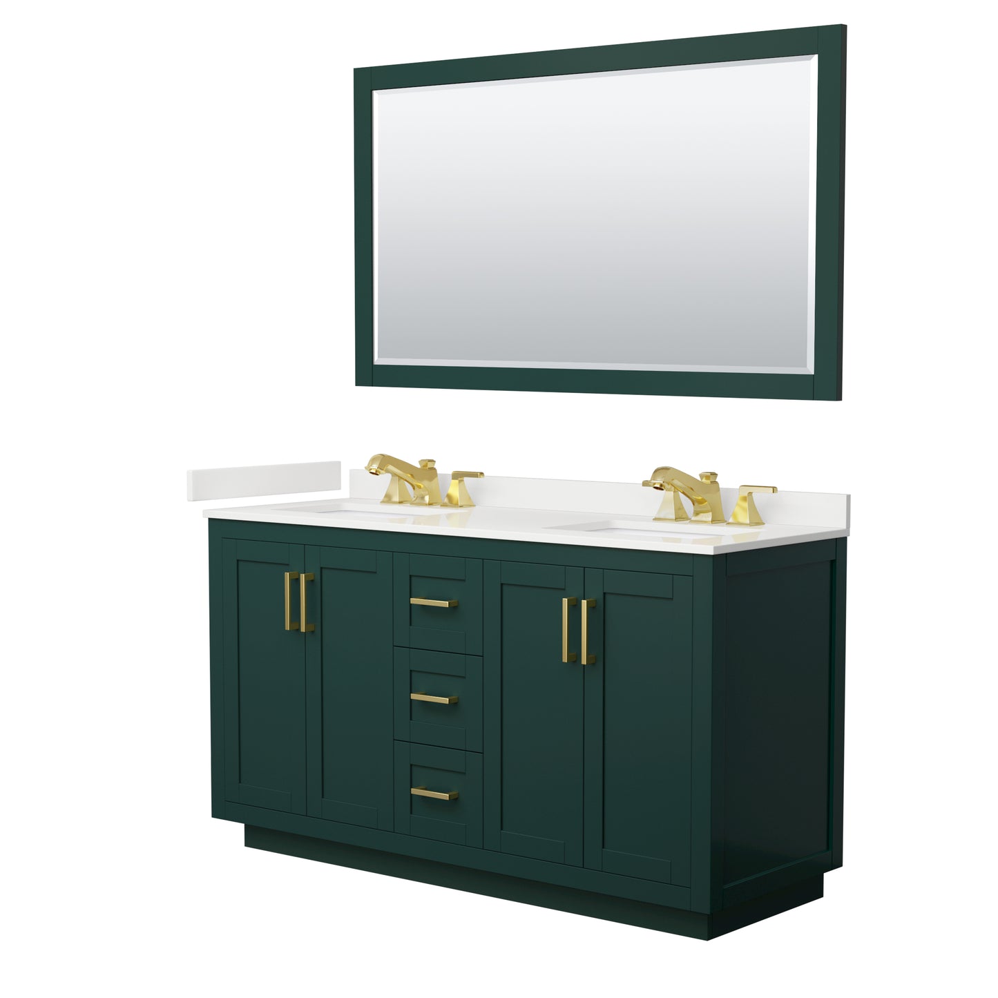 Wyndham Collection Miranda 60" Double Bathroom Vanity in Green, White Quartz Countertop, Undermount Square Sinks (3-Hole), Brushed Gold Trim, 58" Mirror