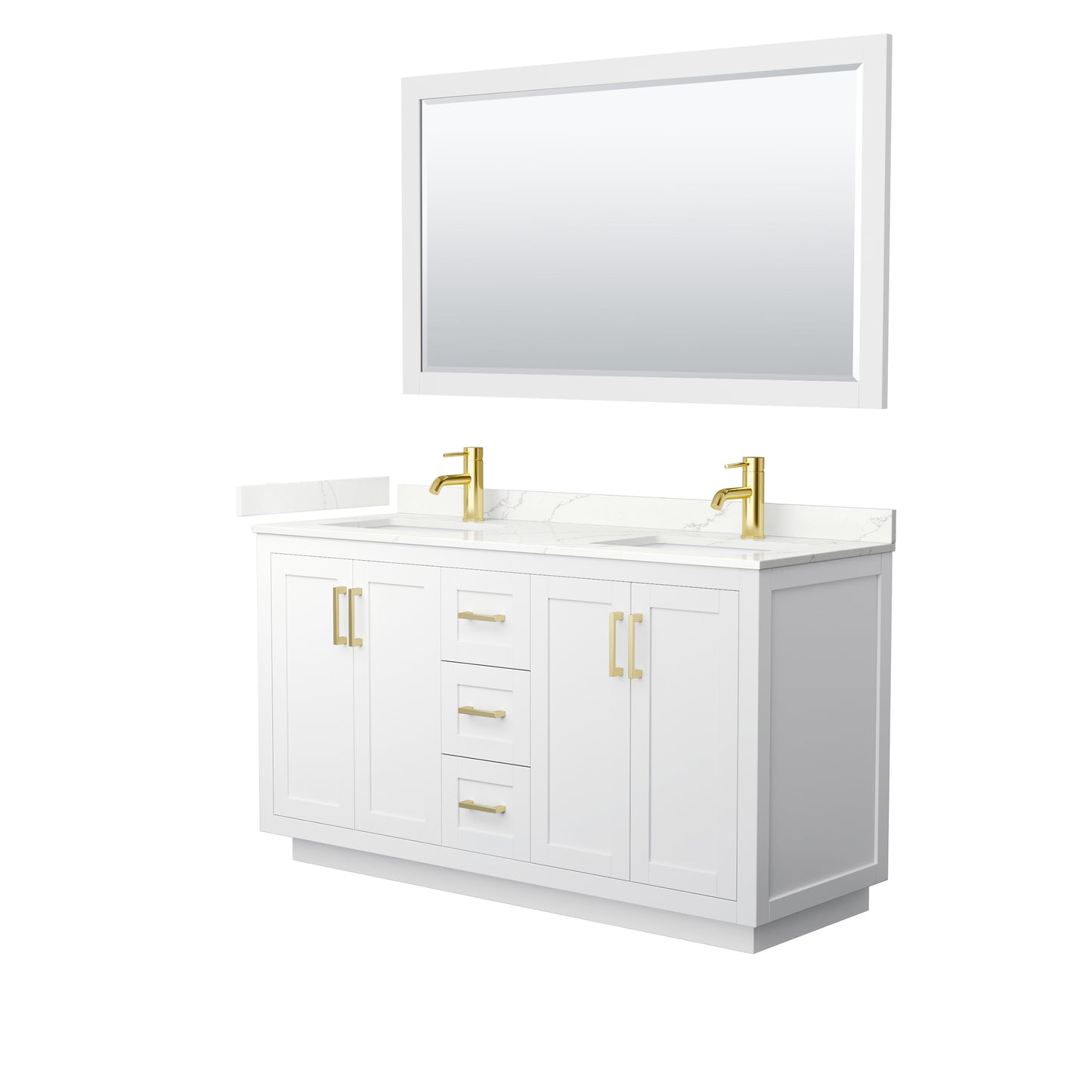 Wyndham Collection Miranda 60" Double Bathroom Vanity in White, Giotto Quartz Countertop, Undermount Square Sinks (1-Hole), Brushed Gold Trim, 58" Mirror