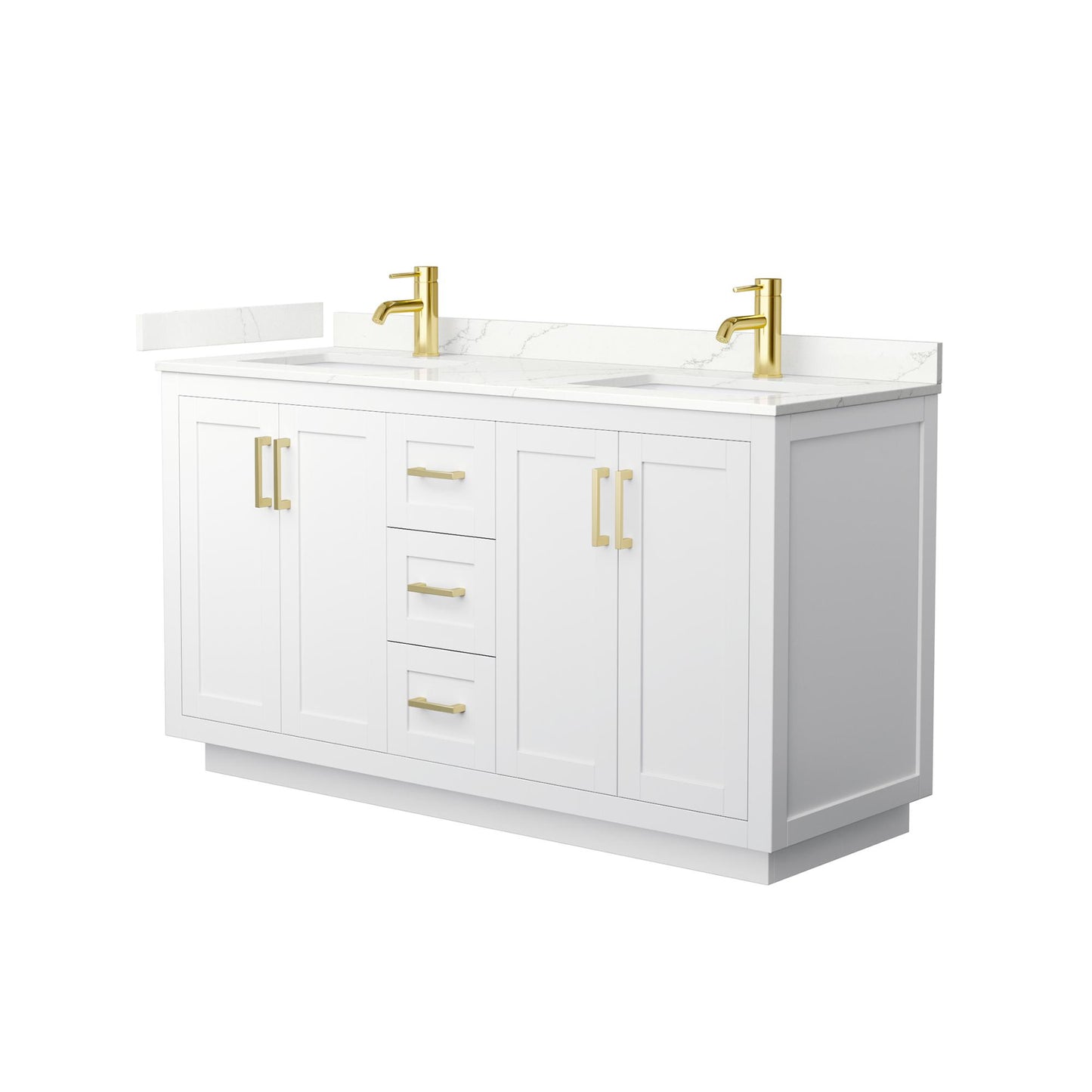 Wyndham Collection Miranda 60" Double Bathroom Vanity in White, Giotto Quartz Countertop, Undermount Square Sinks (1-Hole), Brushed Gold Trim