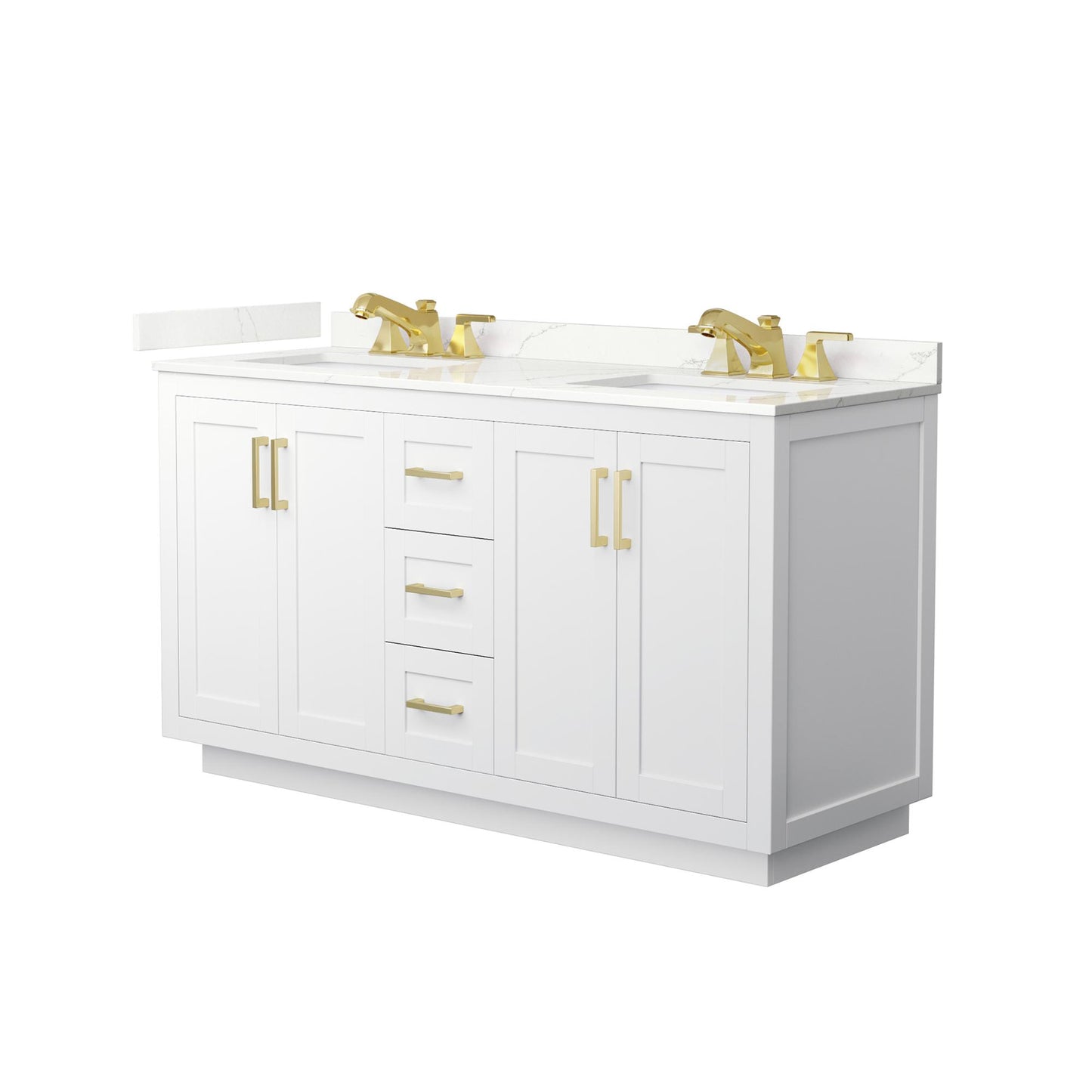 Wyndham Collection Miranda 60" Double Bathroom Vanity in White, Giotto Quartz Countertop, Undermount Square Sinks (3-Hole), Brushed Gold Trim