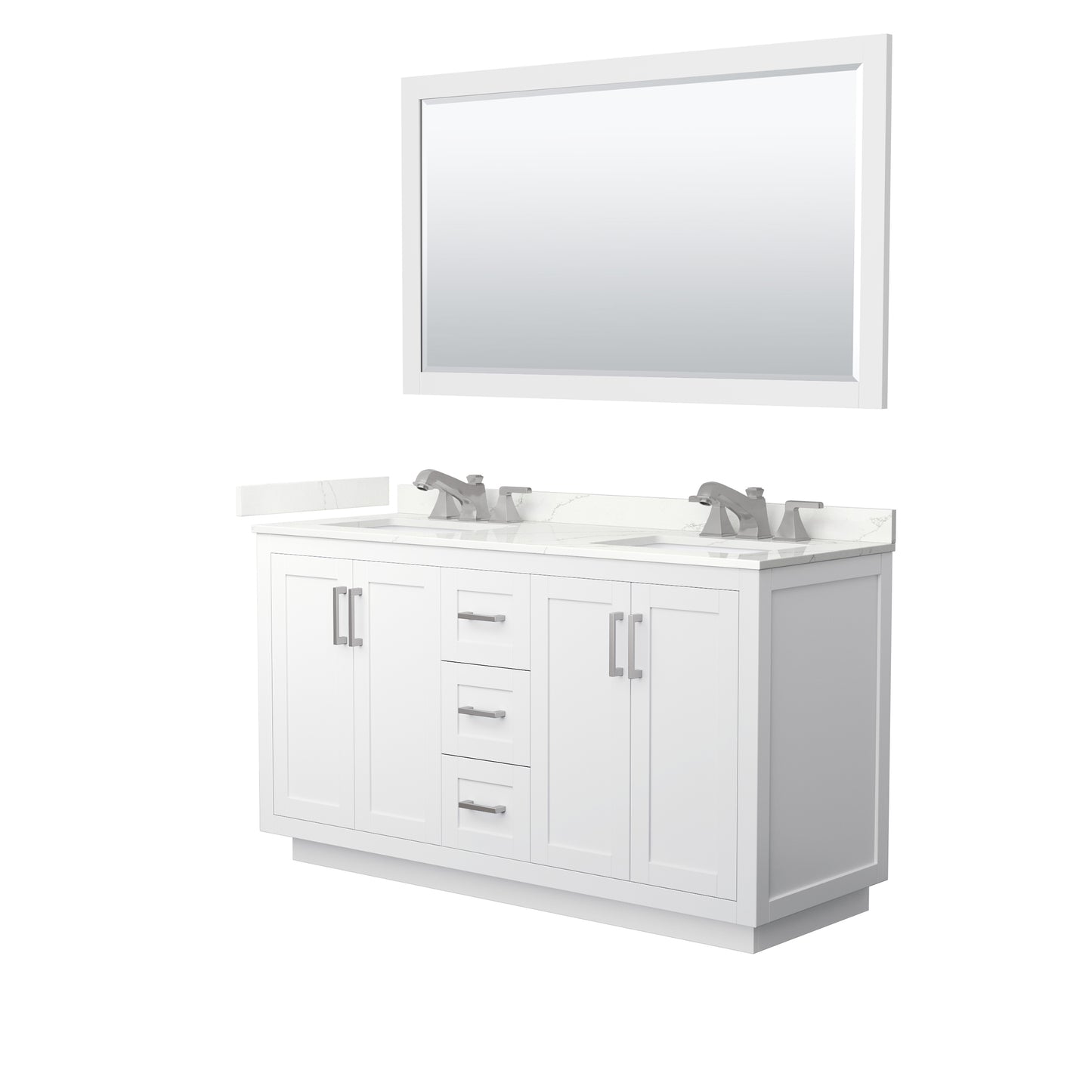 Wyndham Collection Miranda 60" Double Bathroom Vanity in White, Giotto Quartz Countertop, Undermount Square Sinks (3-Hole), Brushed Nickel Trim, 58" Mirror