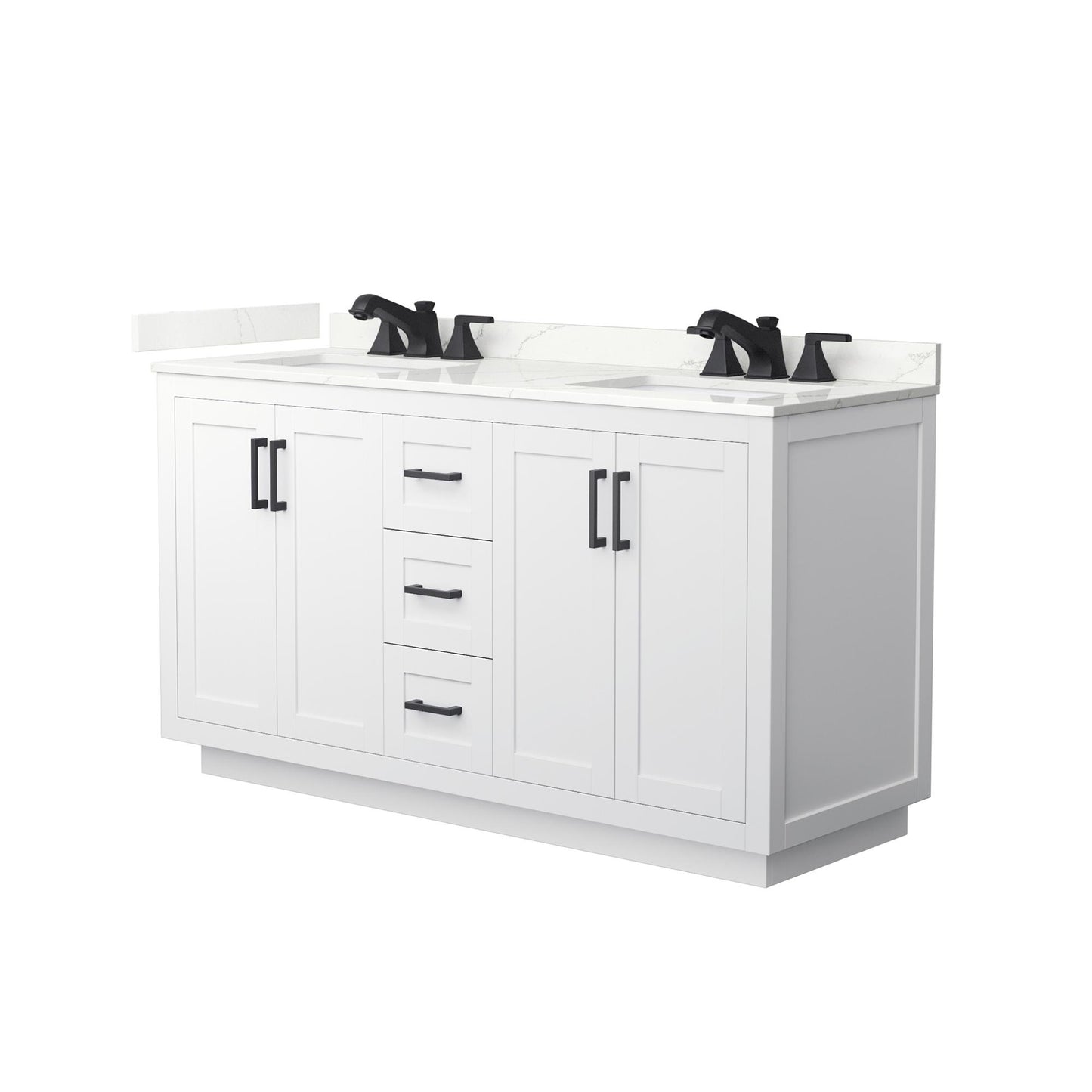 Wyndham Collection Miranda 60" Double Bathroom Vanity in White, Giotto Quartz Countertop, Undermount Square Sinks (3-Hole), Matte Black Trim