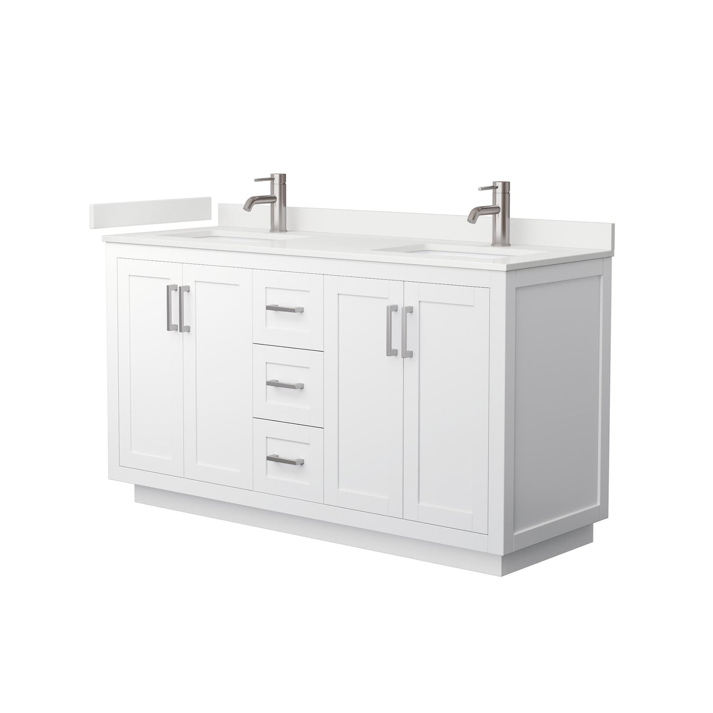 Wyndham Collection Miranda 60" Double Bathroom Vanity in White, White Quartz Countertop, Undermount Square Sinks (1-Hole), Brushed Nickel Trim