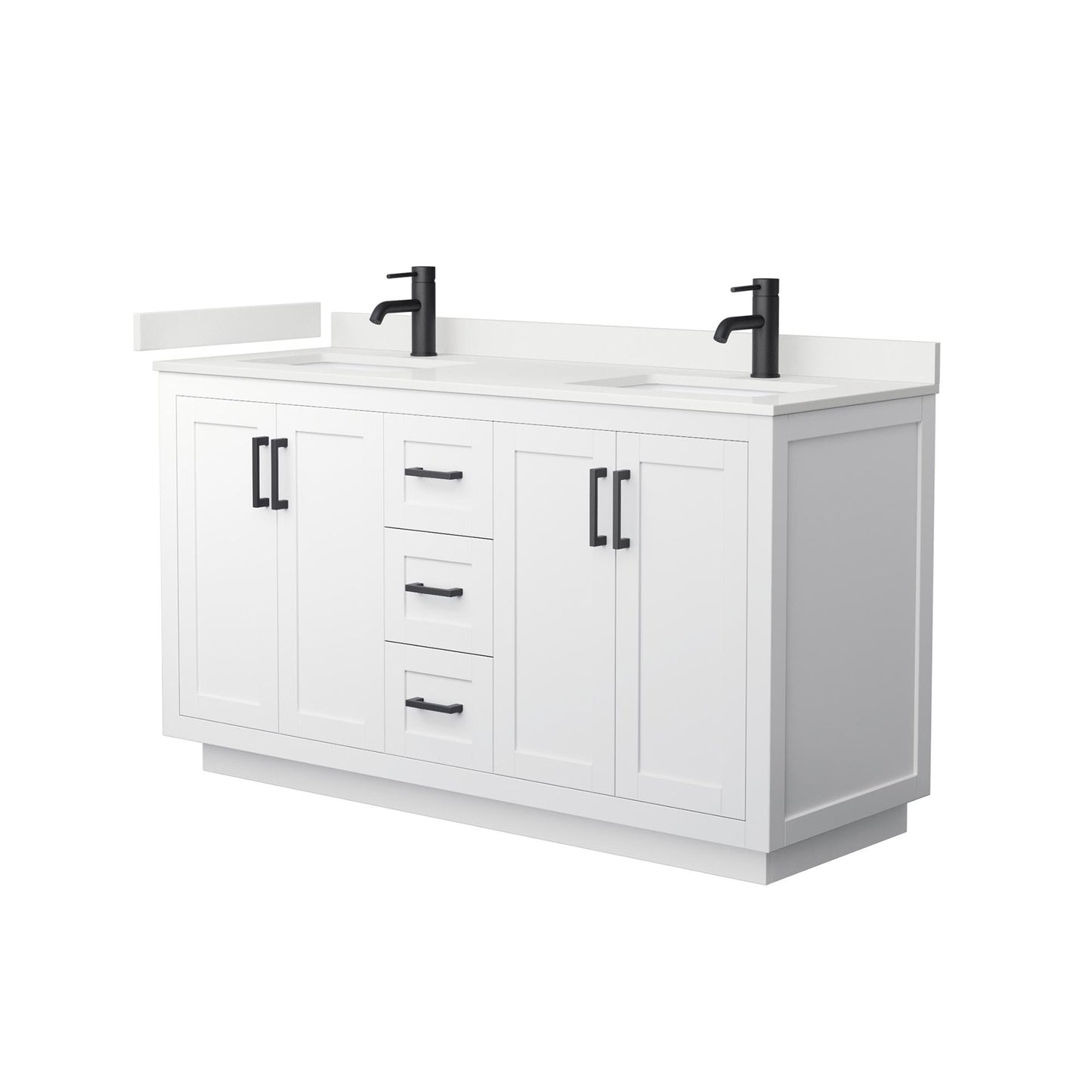 Wyndham Collection Miranda 60" Double Bathroom Vanity in White, White Quartz Countertop, Undermount Square Sinks (1-Hole), Matte Black Trim
