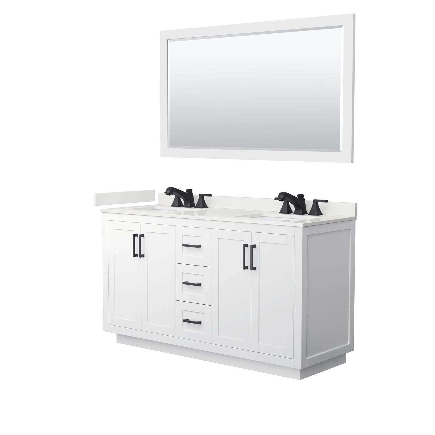 Wyndham Collection Miranda 60" Double Bathroom Vanity in White, White Quartz Countertop, Undermount Square Sinks (3-Hole), Matte Black Trim, 58" Mirror