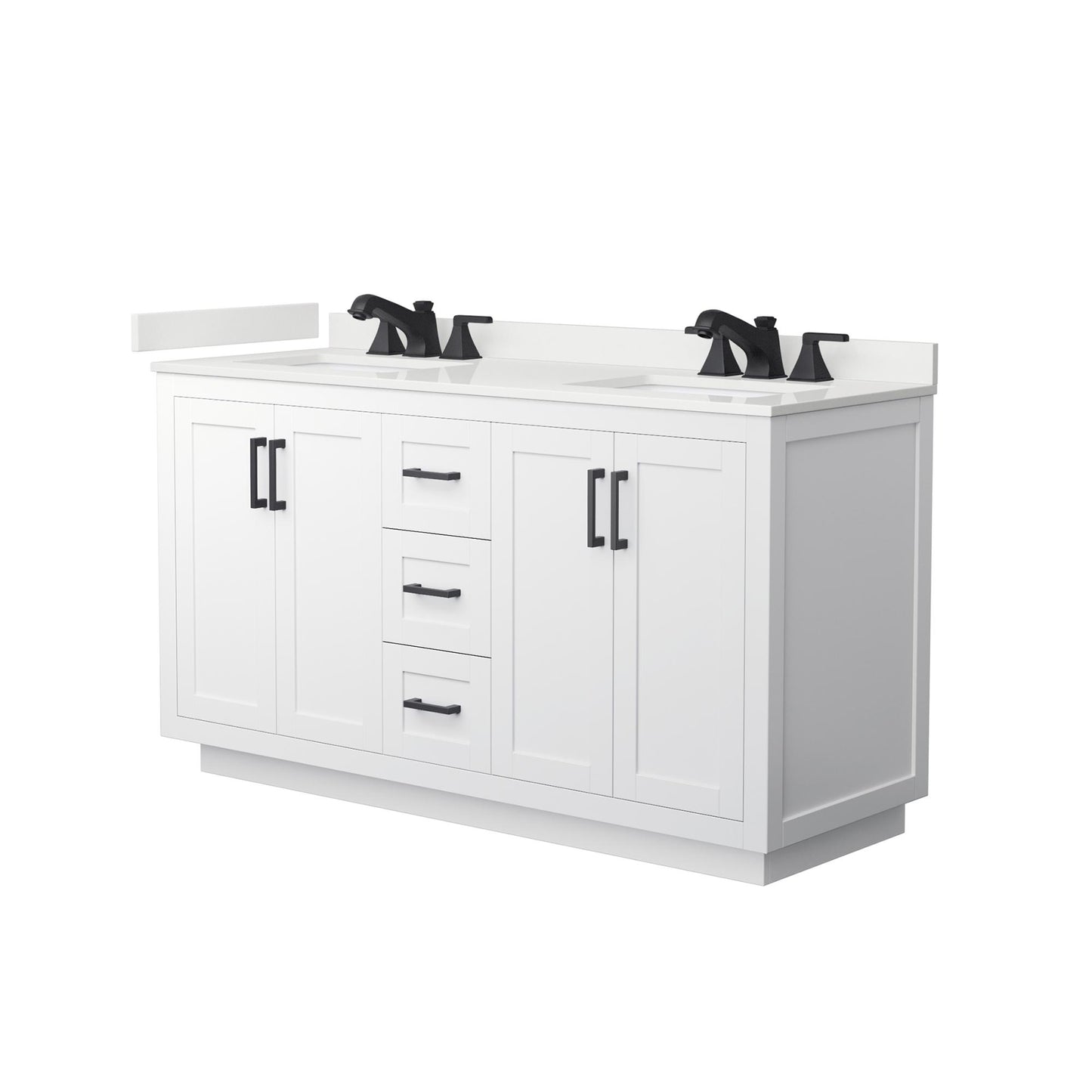 Wyndham Collection Miranda 60" Double Bathroom Vanity in White, White Quartz Countertop, Undermount Square Sinks (3-Hole), Matte Black Trim